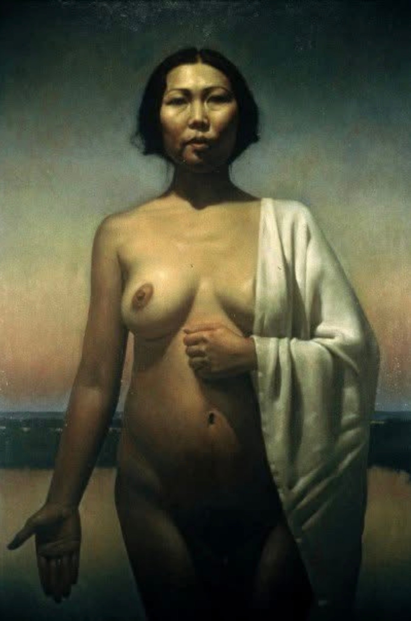Figure — nude with white drape, oil on canvas