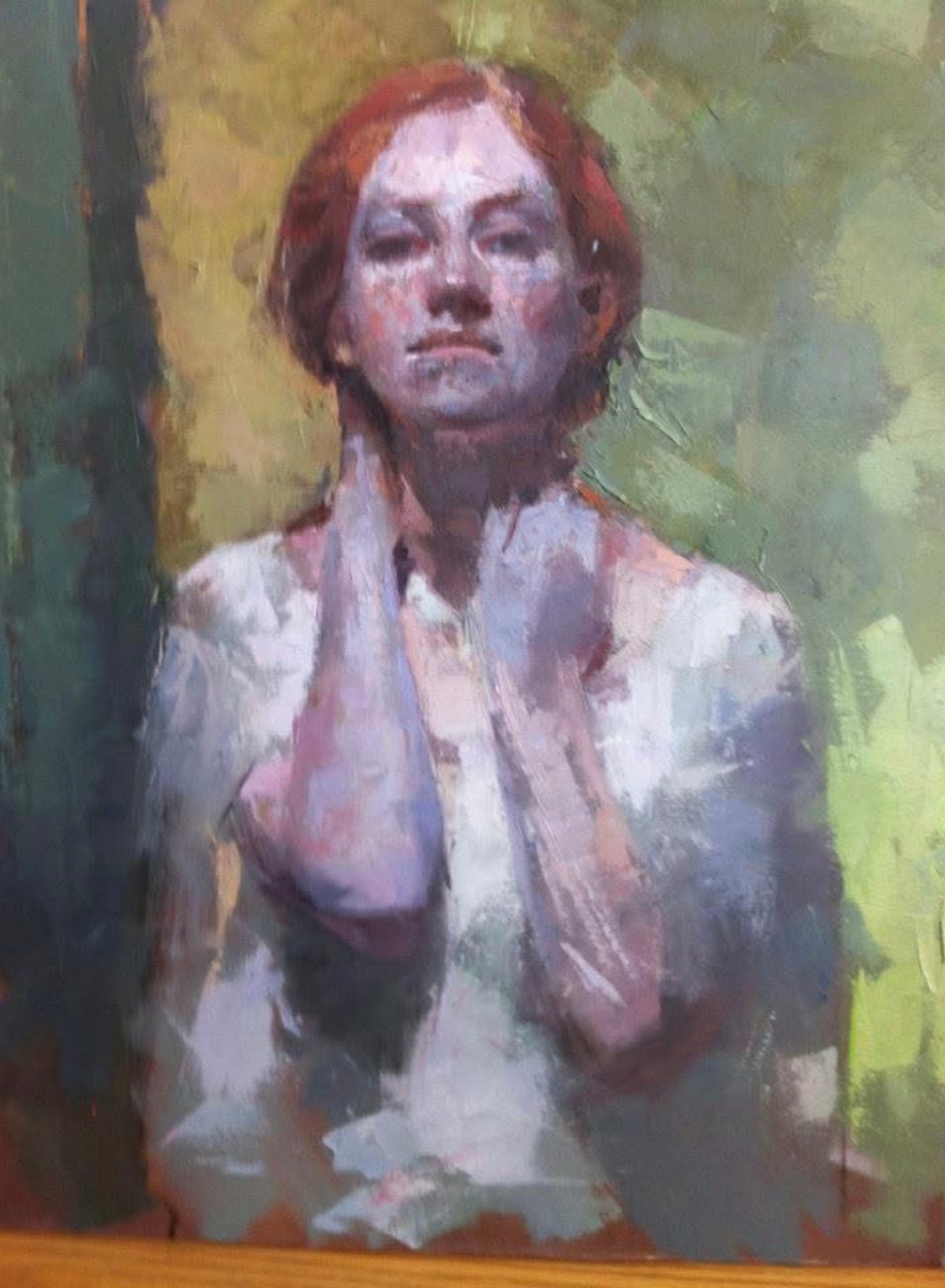 Figure — redhead, hands raised to neck, green ground, oil on canvas