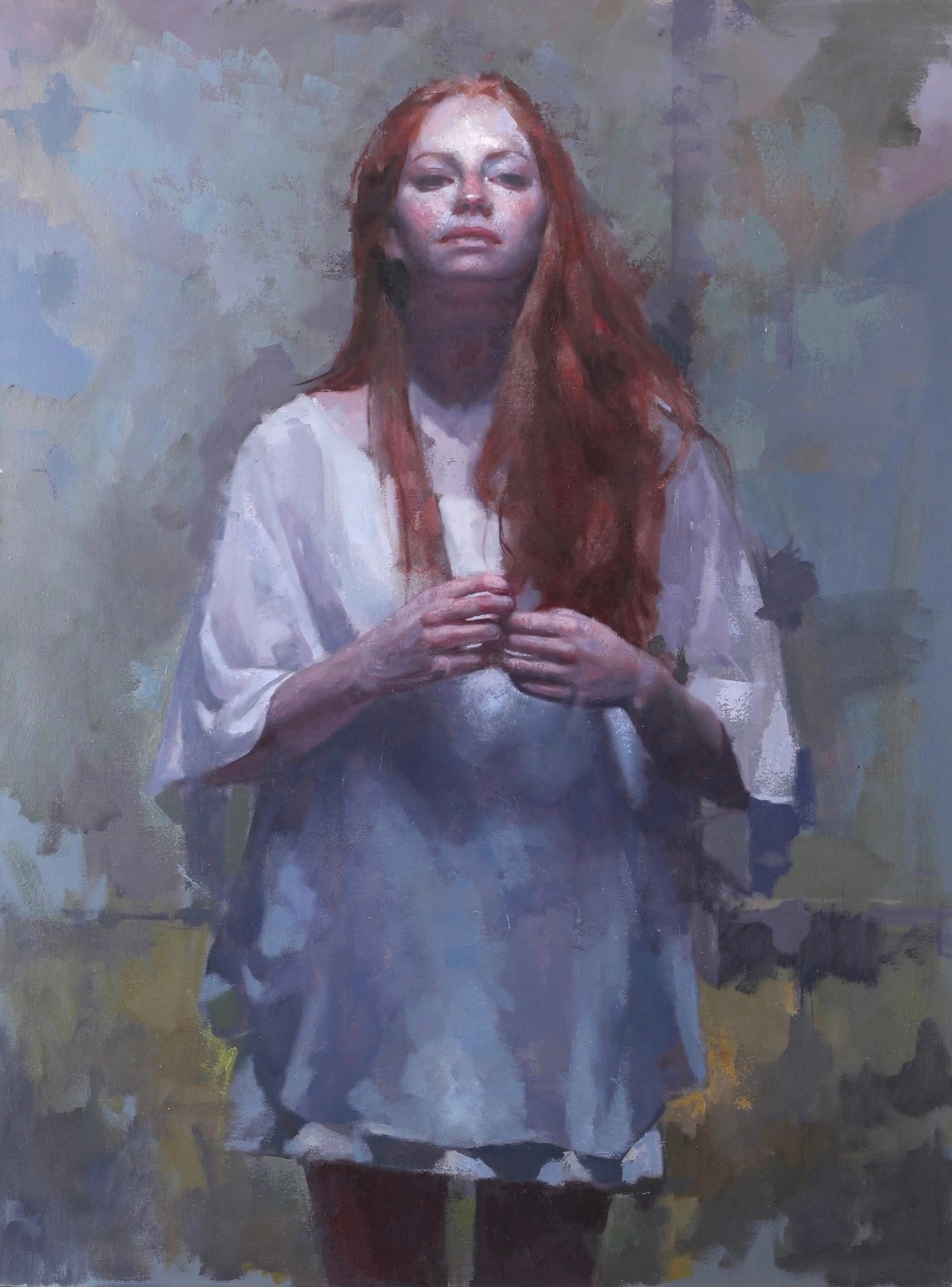 Figure — redhead in white robe, hands clasped, oil on canvas