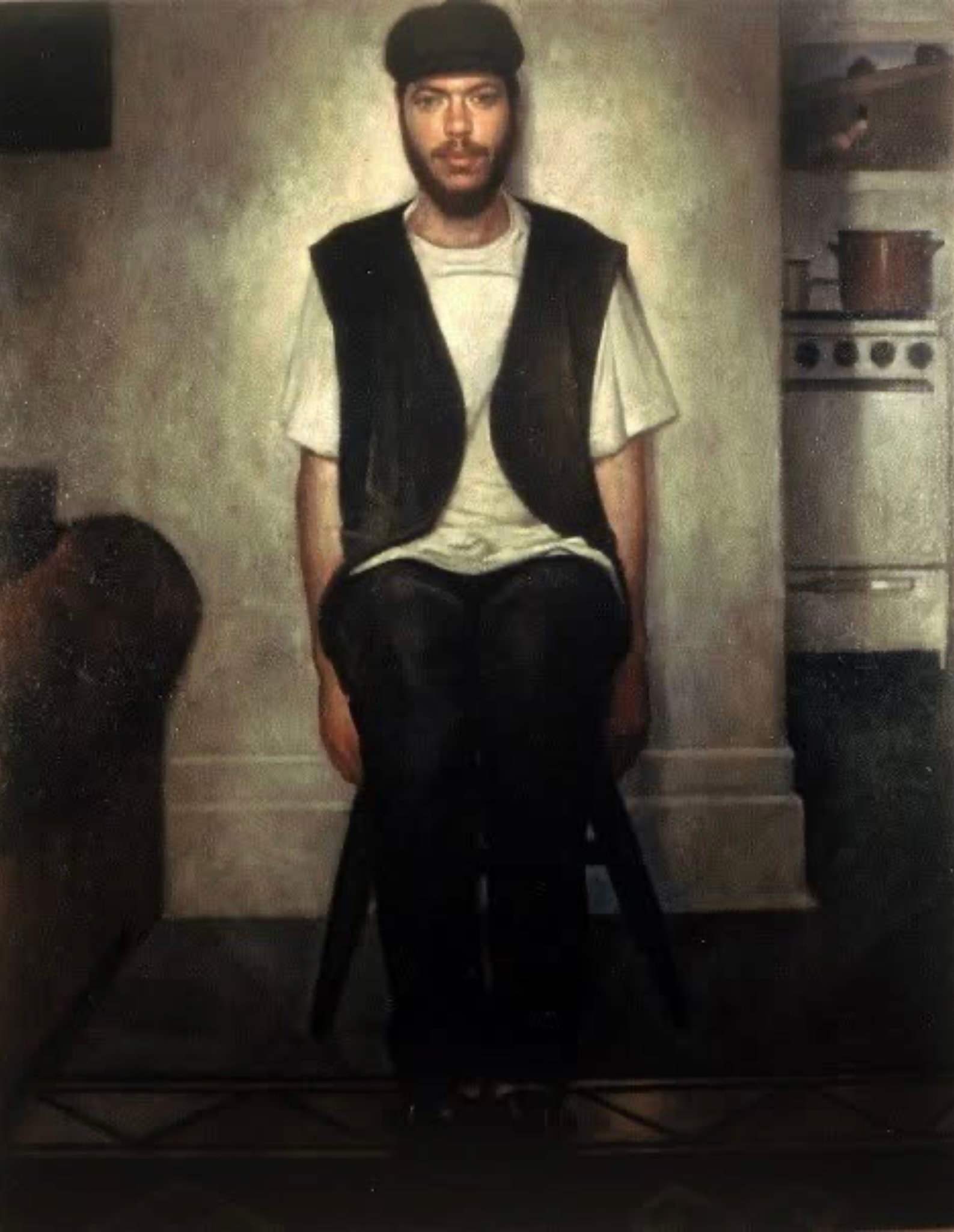 Figure — seated man in kitchen interior, oil on canvas