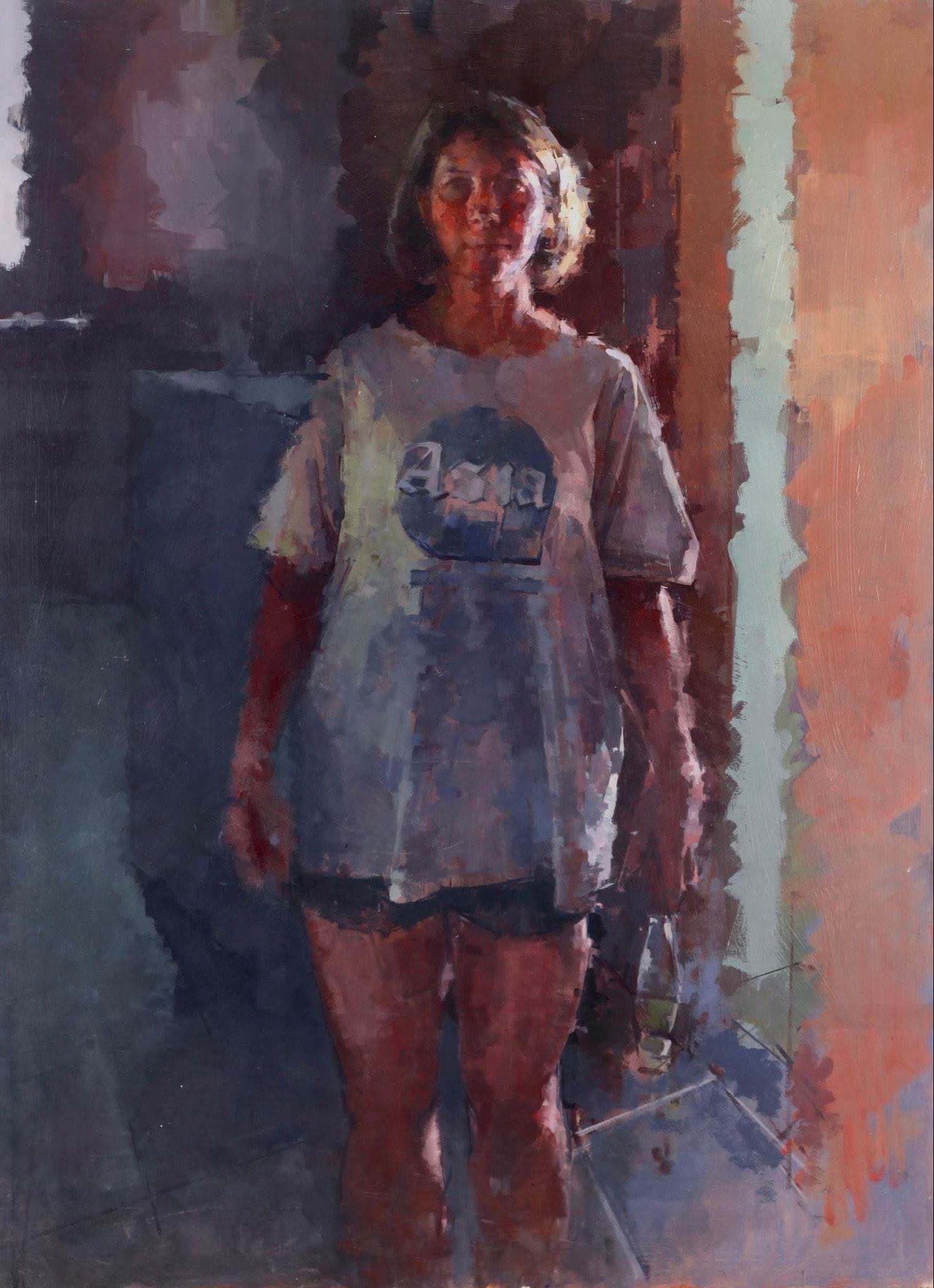 Figure — standing woman in white t-shirt, interior light, oil on canvas