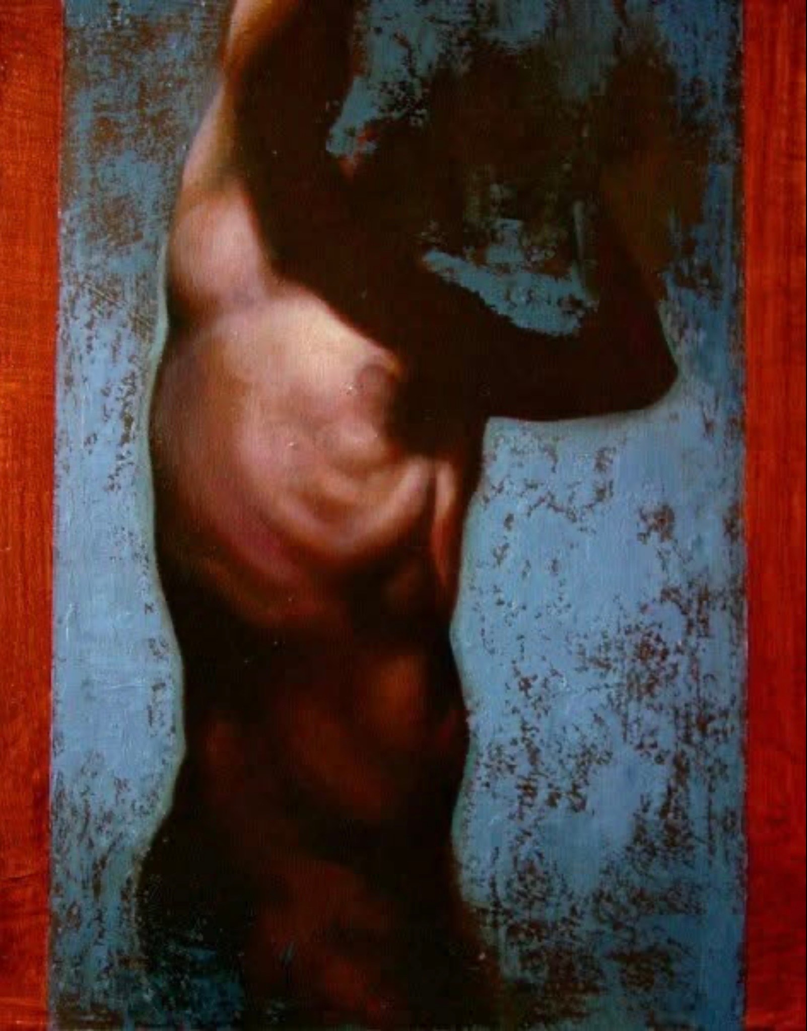 Figure torso — blue and red panel ground, oil on canvas