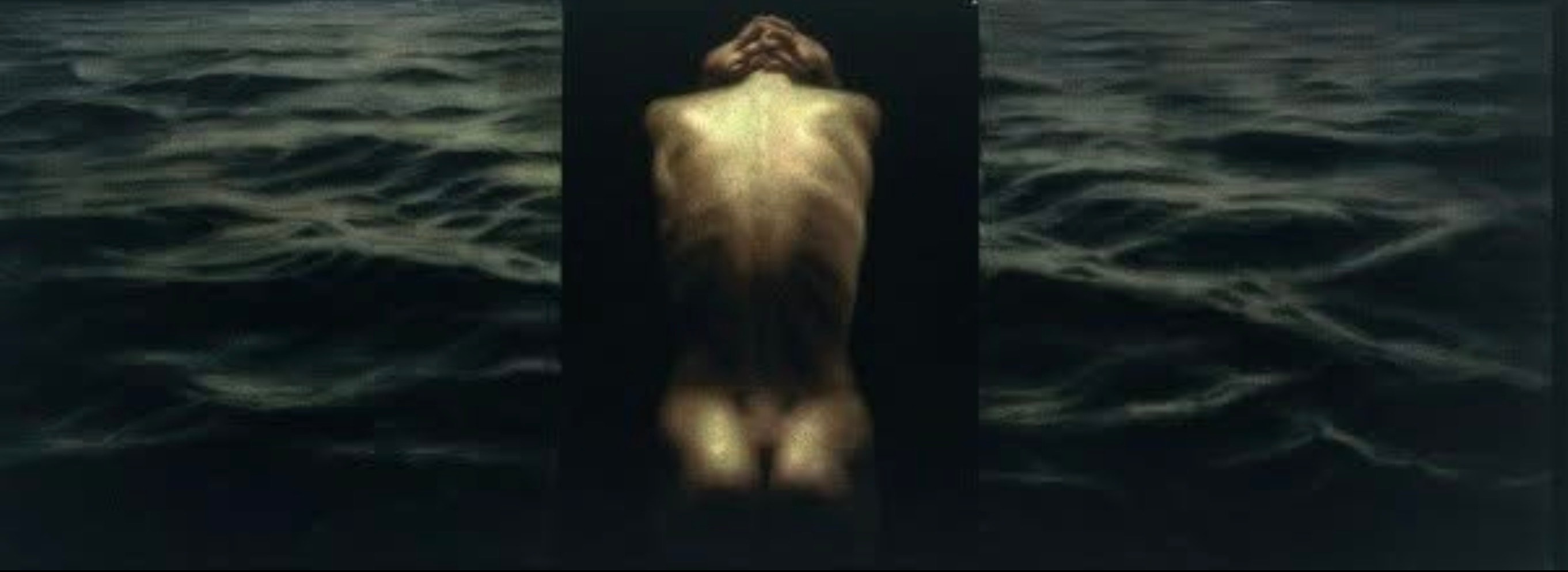 Figure triptych — nude back, dark water, oil on canvas