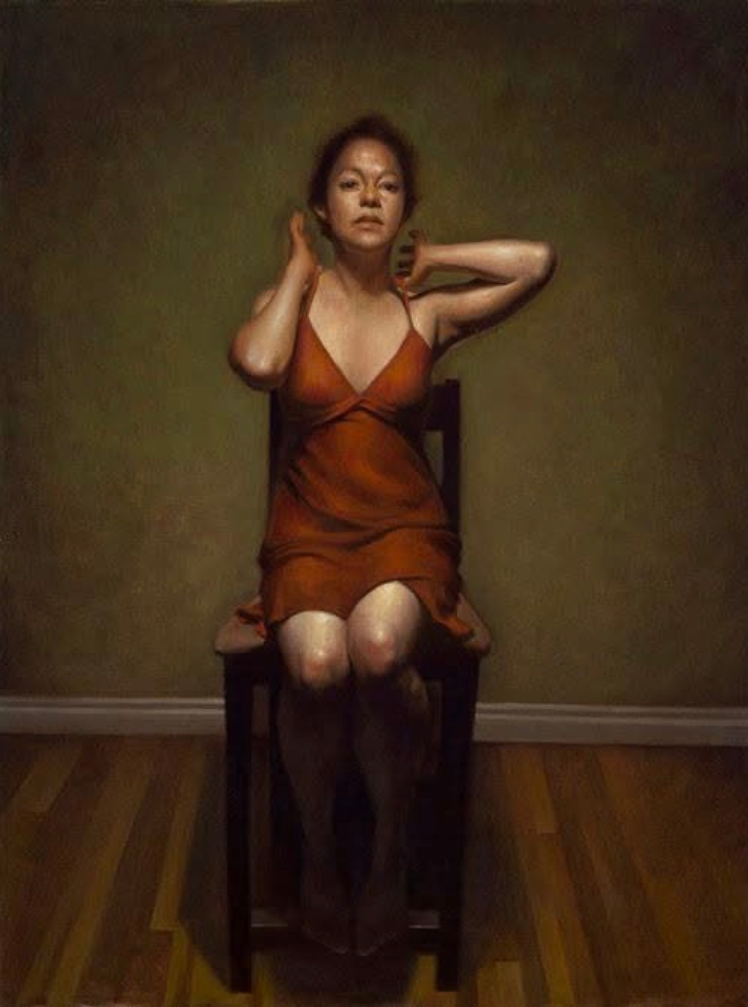 Figure — woman in orange dress, seated, oil on canvas