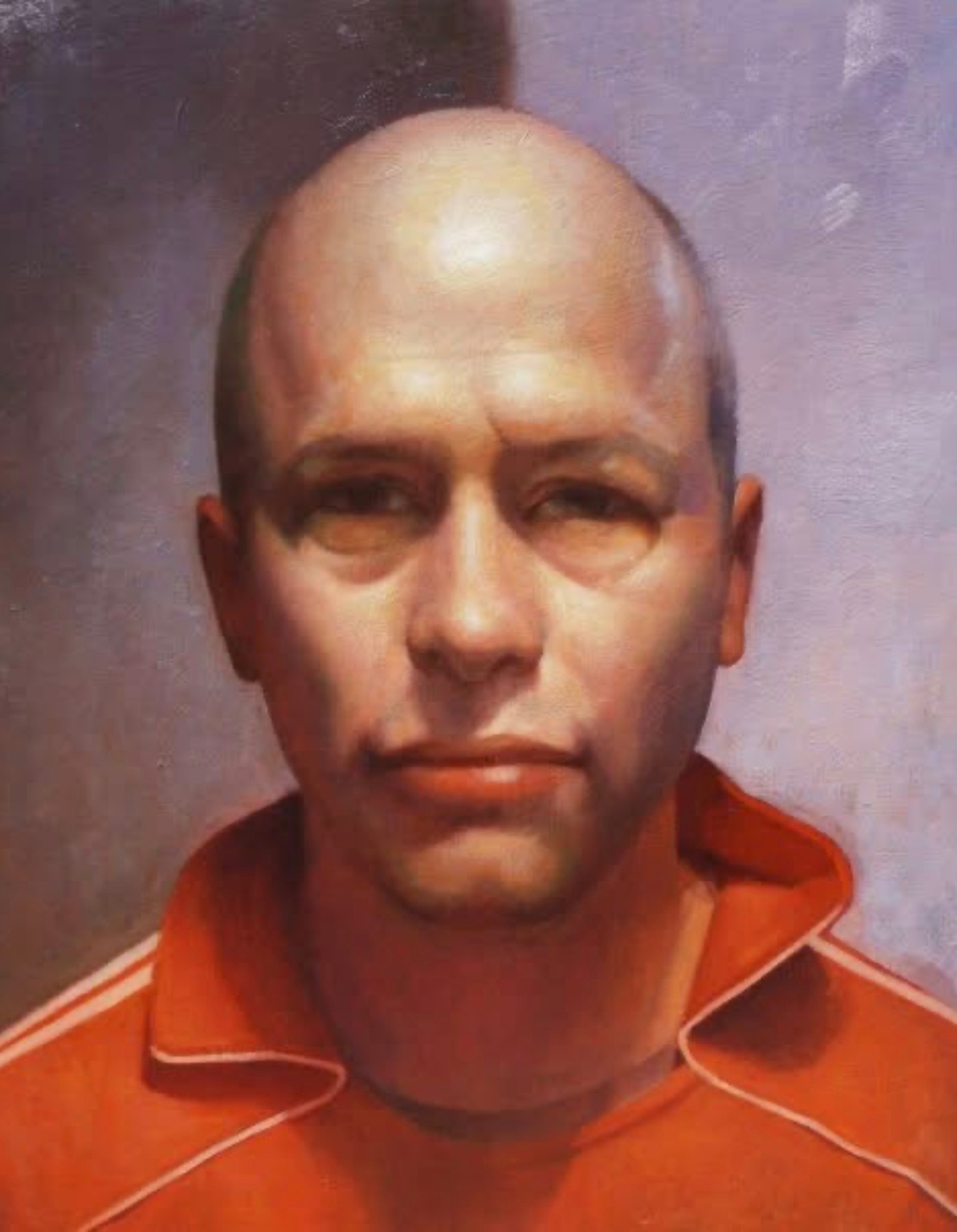 Portrait — bald man in orange shirt, oil on canvas