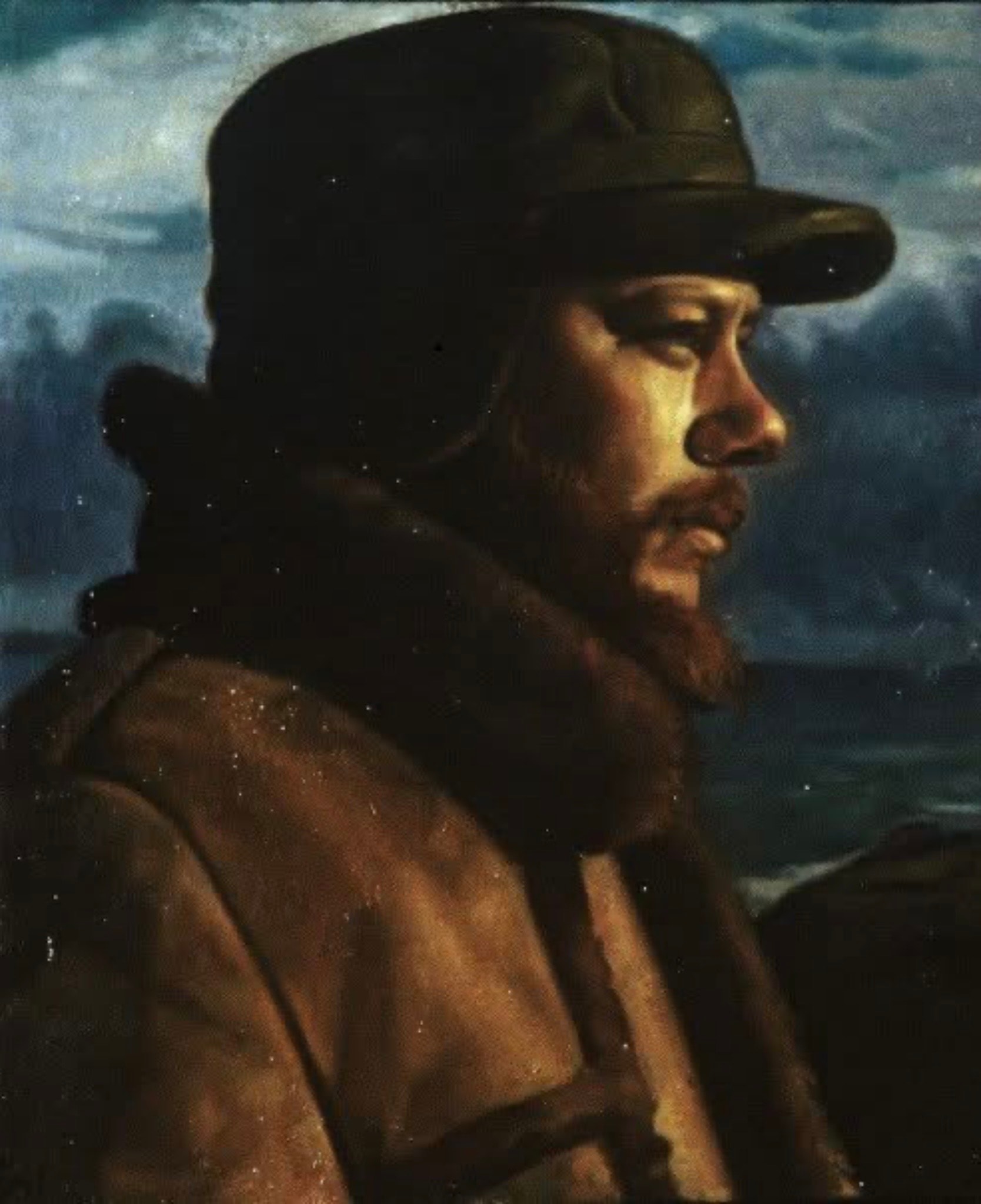 Portrait — figure in cap and jacket, stormy sky, oil on canvas