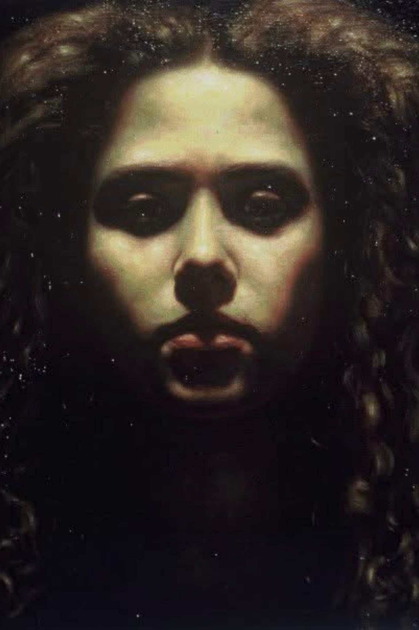 Portrait — figure with curly hair against dark starry ground, oil on canvas