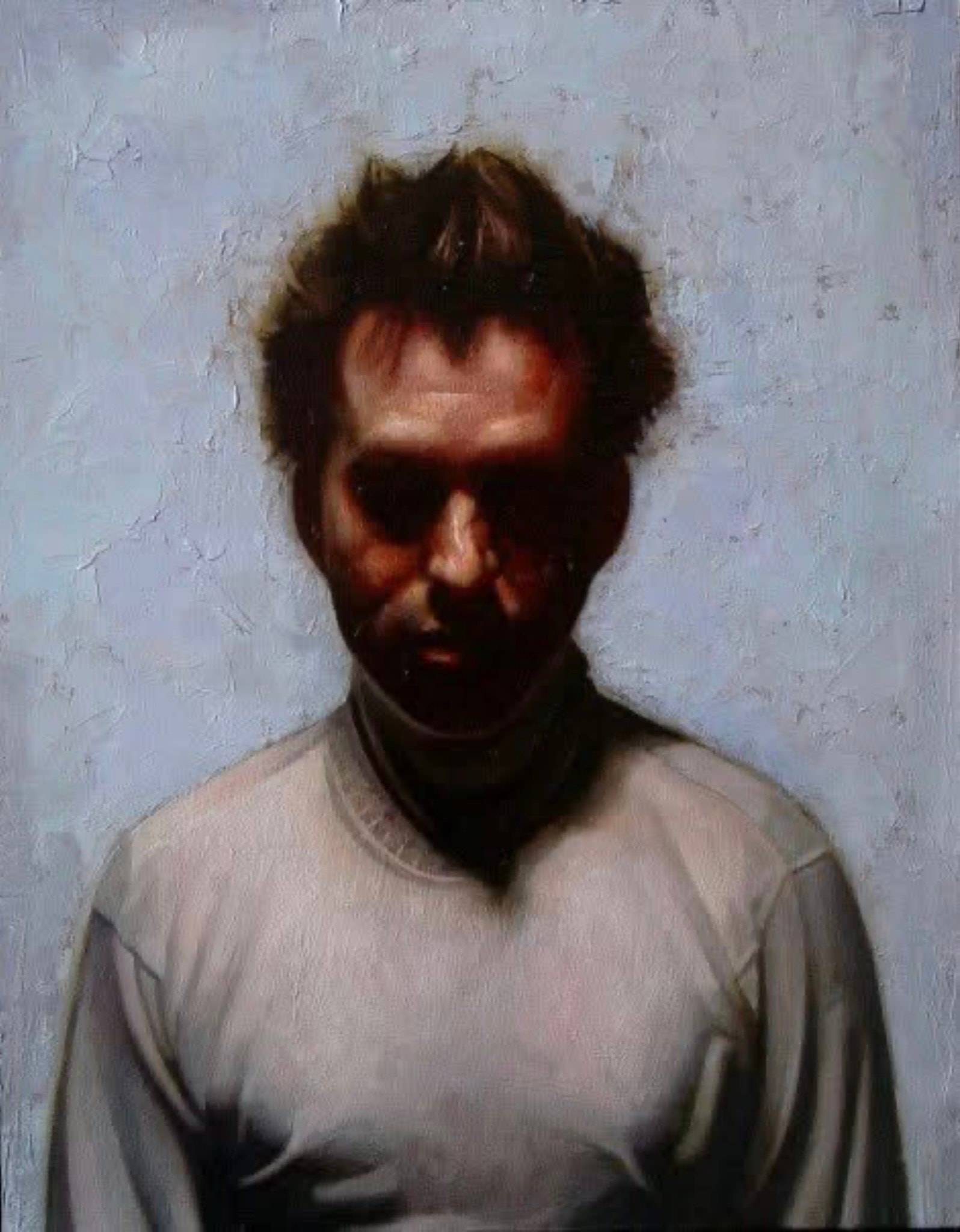Portrait — downward gaze, white shirt, oil on canvas