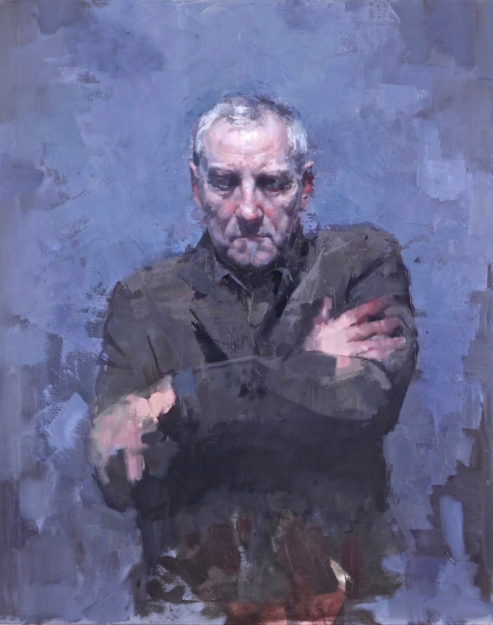 Portrait — elder man, arms crossed, blue ground, oil on canvas