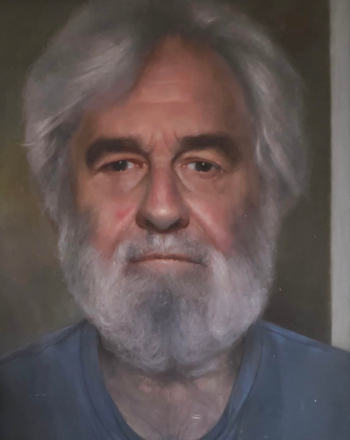 Portrait — elder man, grey hair, oil on canvas
