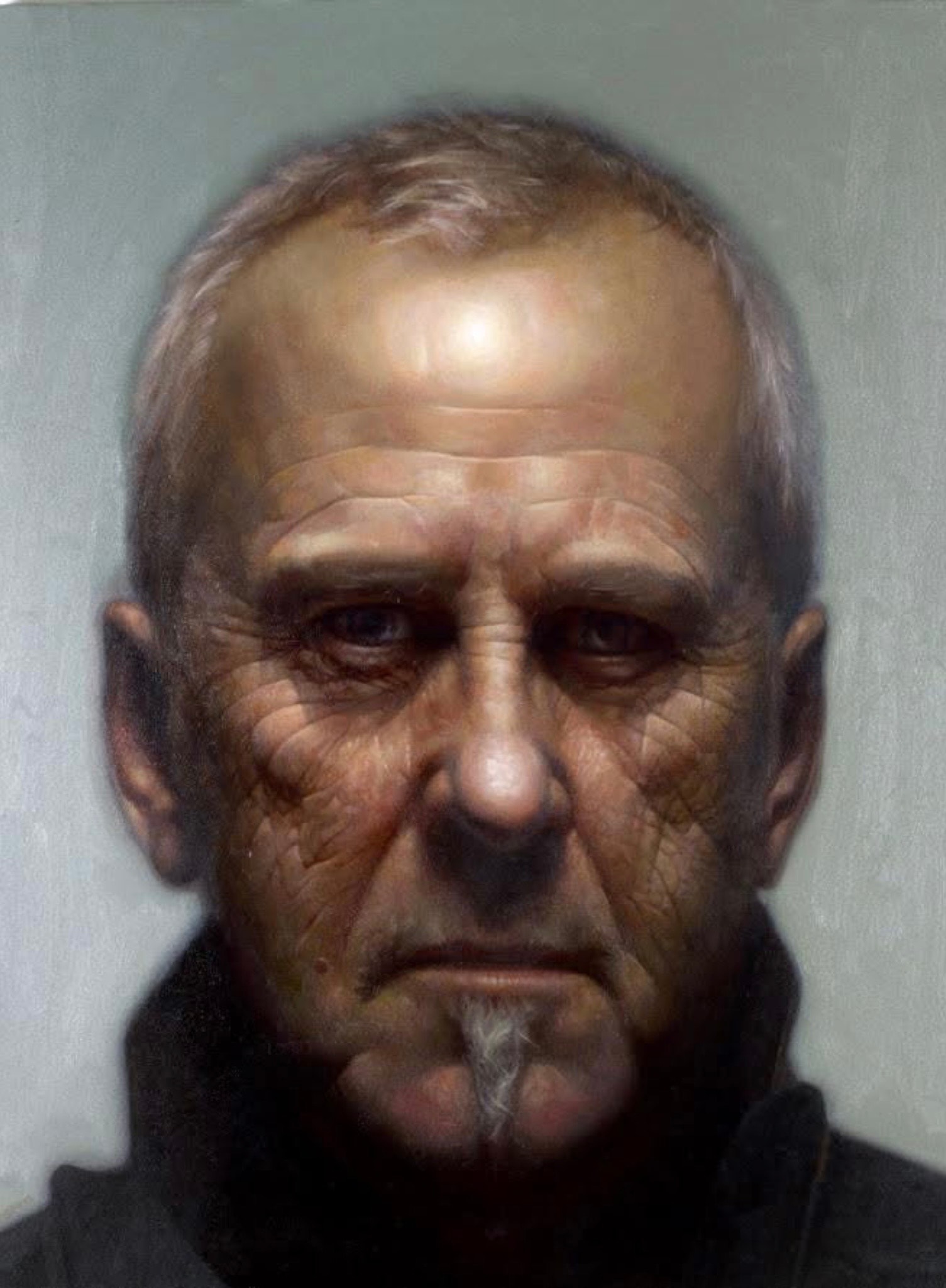 Portrait — elder man, intense gaze, oil on canvas