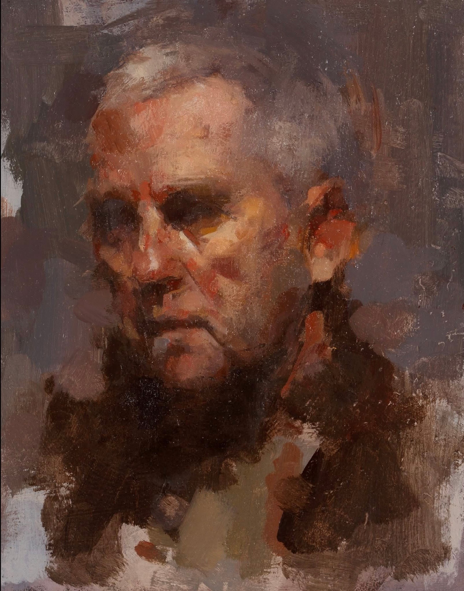 Portrait — elder man with dark beard, oil on canvas