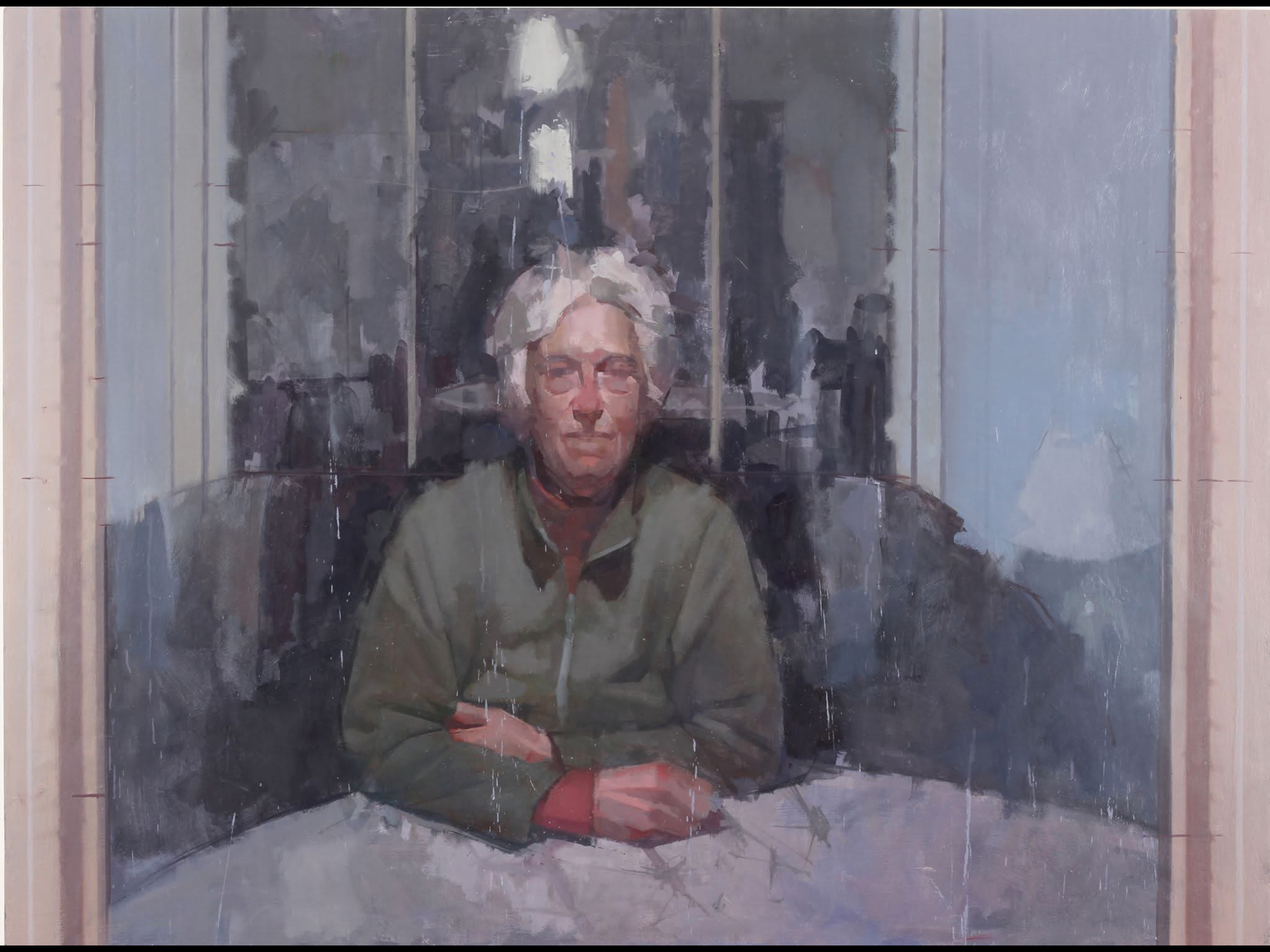 Portrait — elder woman in green jacket, interior, oil on canvas