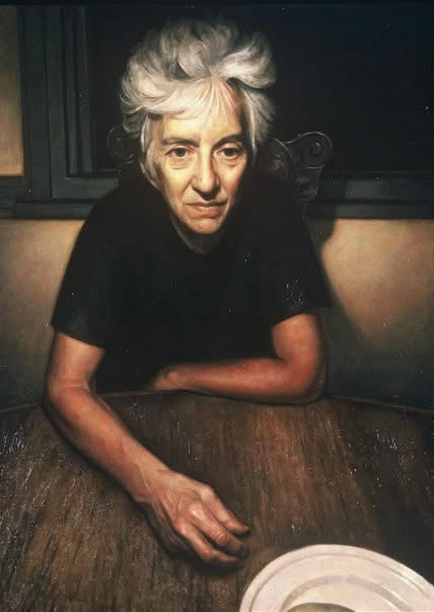 Portrait — elder woman at table, oil on canvas