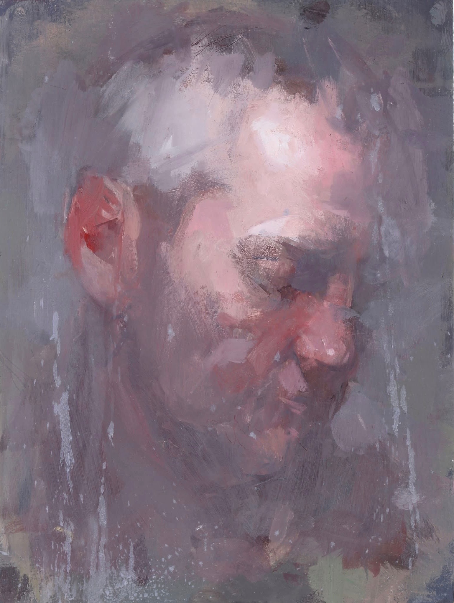 Portrait — man, bowed head, grey ground, oil on canvas