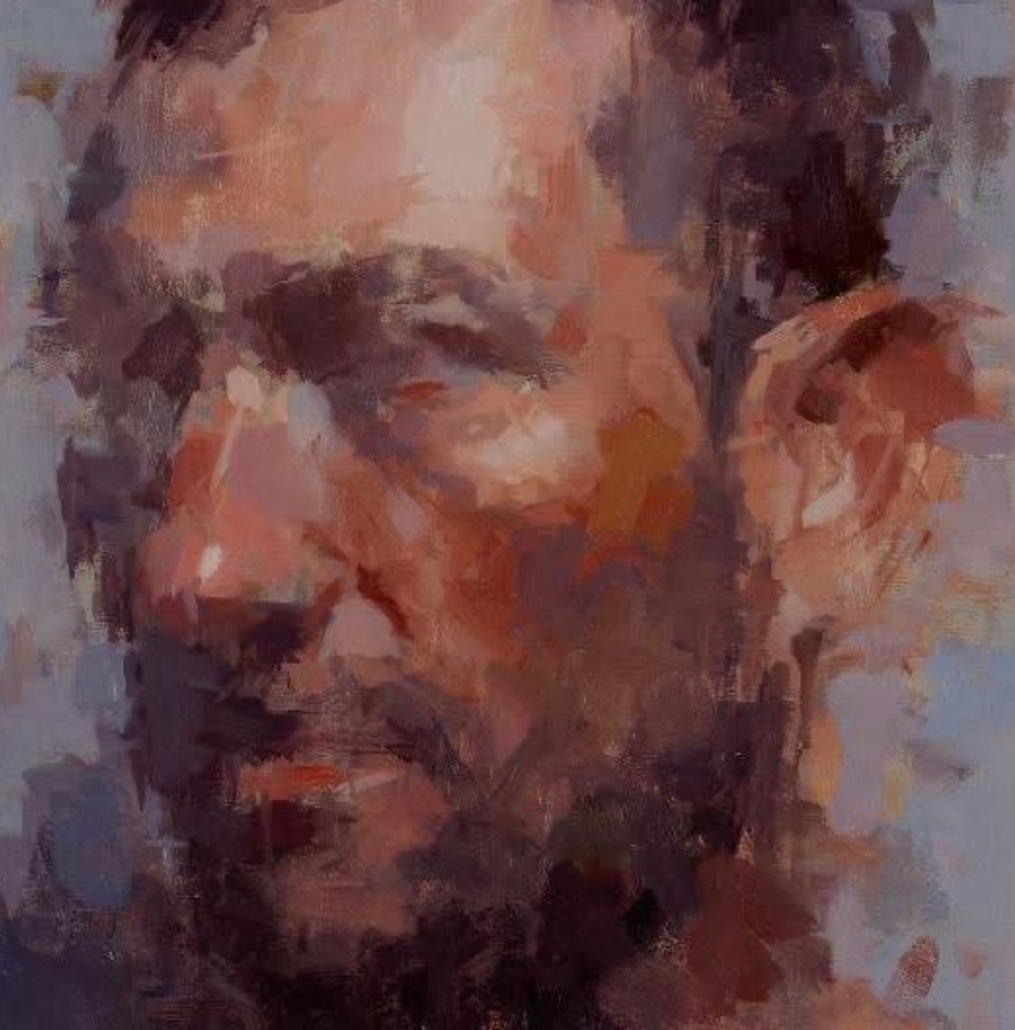 Portrait — man, downward gaze, loose brushwork, oil on canvas