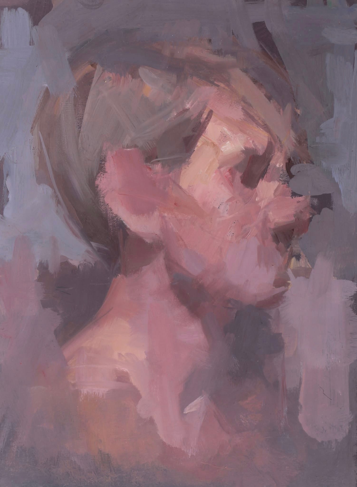 Portrait — profile, pink and mauve tones, oil on canvas