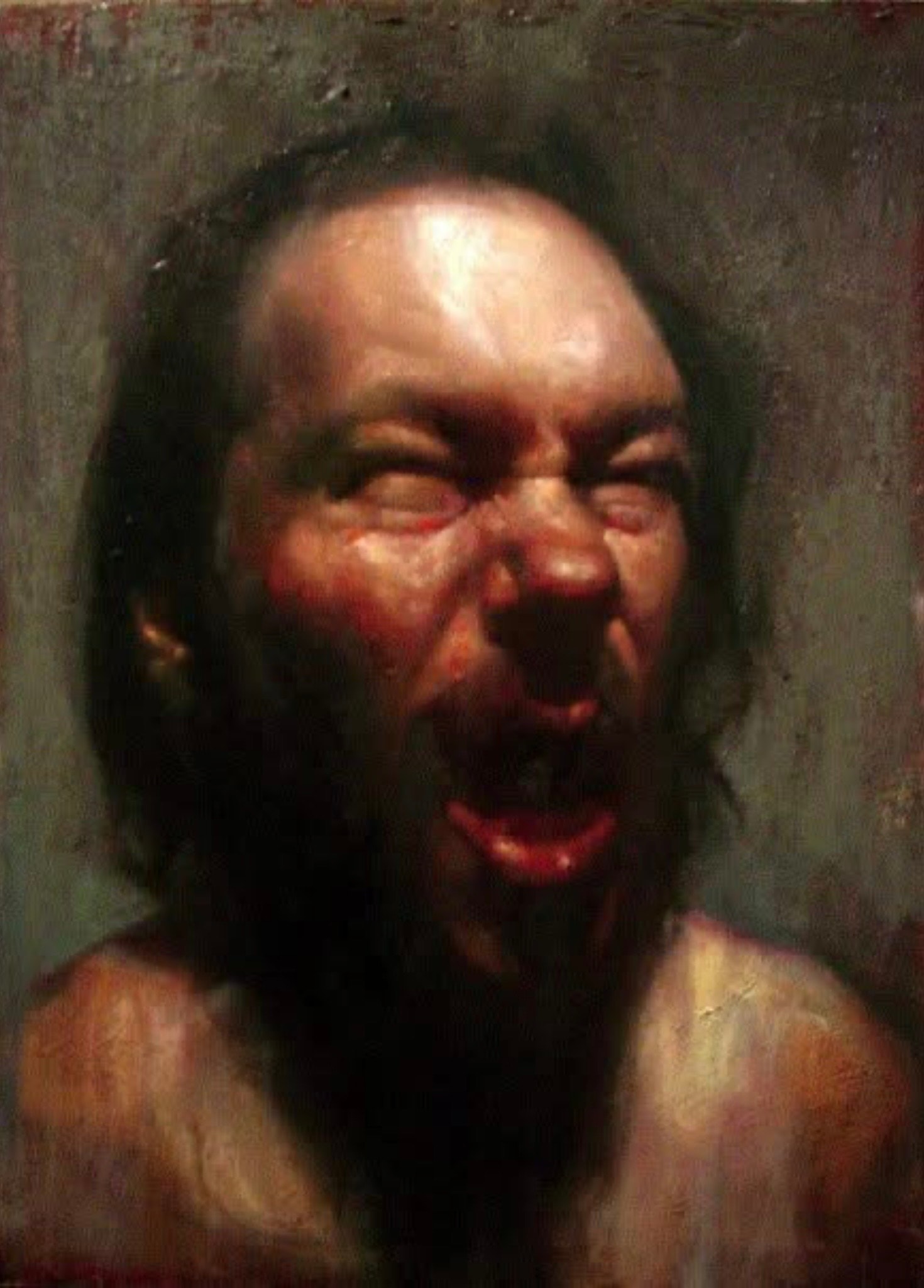 Portrait — screaming figure, eyes closed, oil on canvas