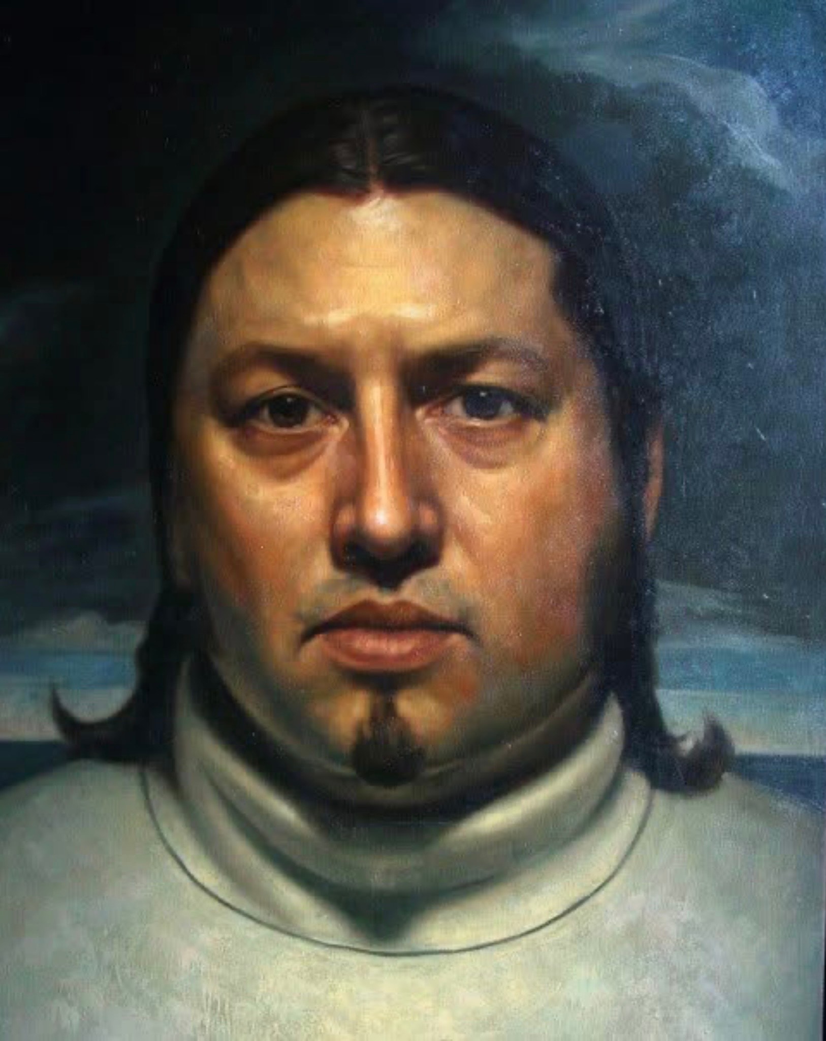 Portrait — turtleneck, stormy sky, oil on canvas