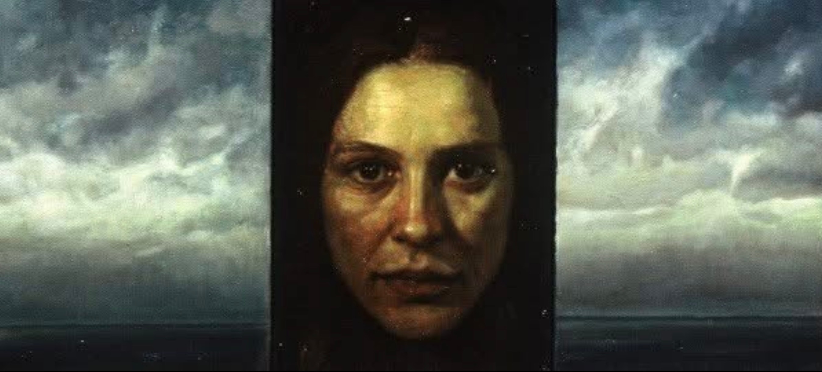 Portrait — woman's face, stormy sky triptych, oil on canvas