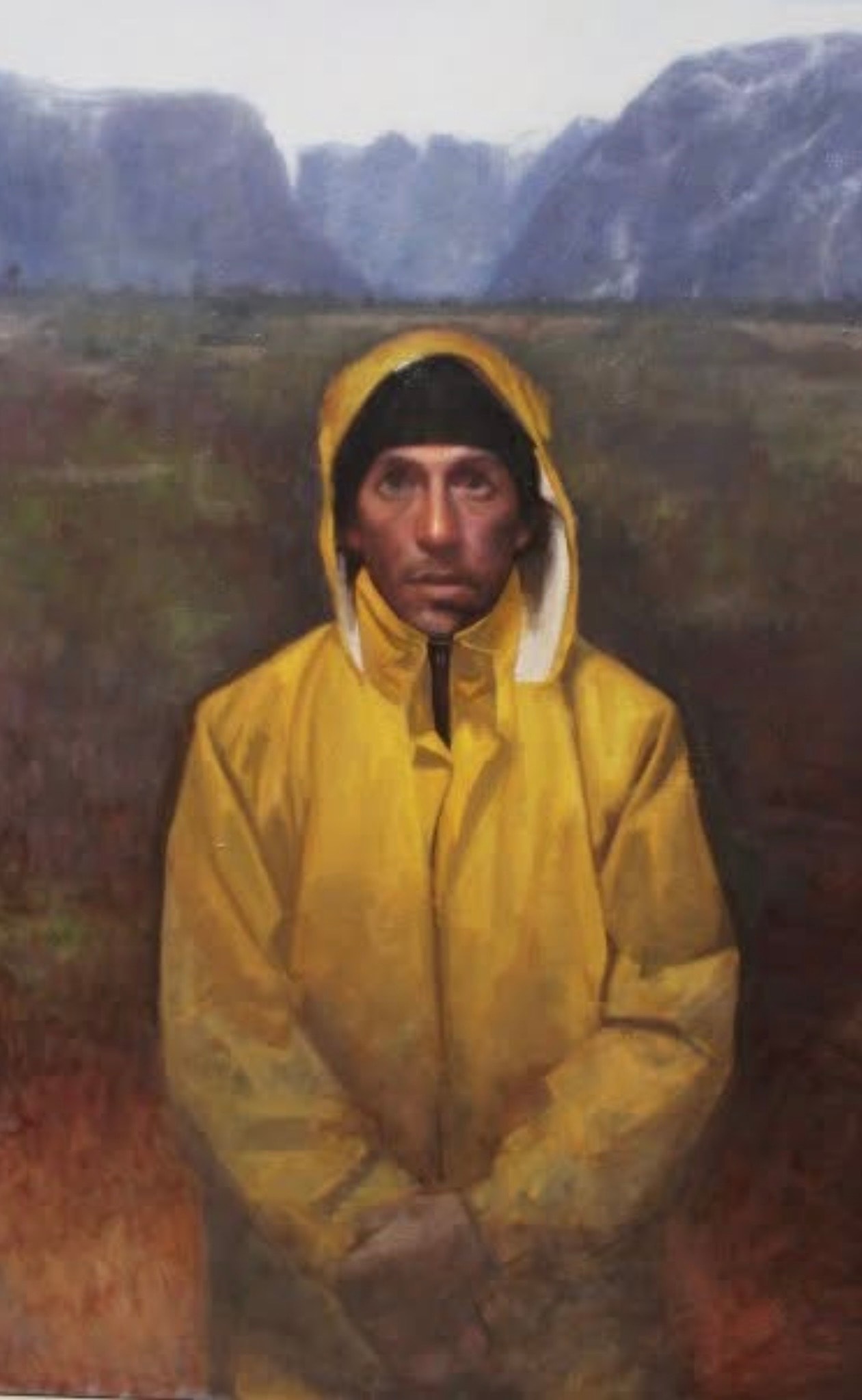 Portrait — figure in yellow jacket, mountain landscape, oil on canvas