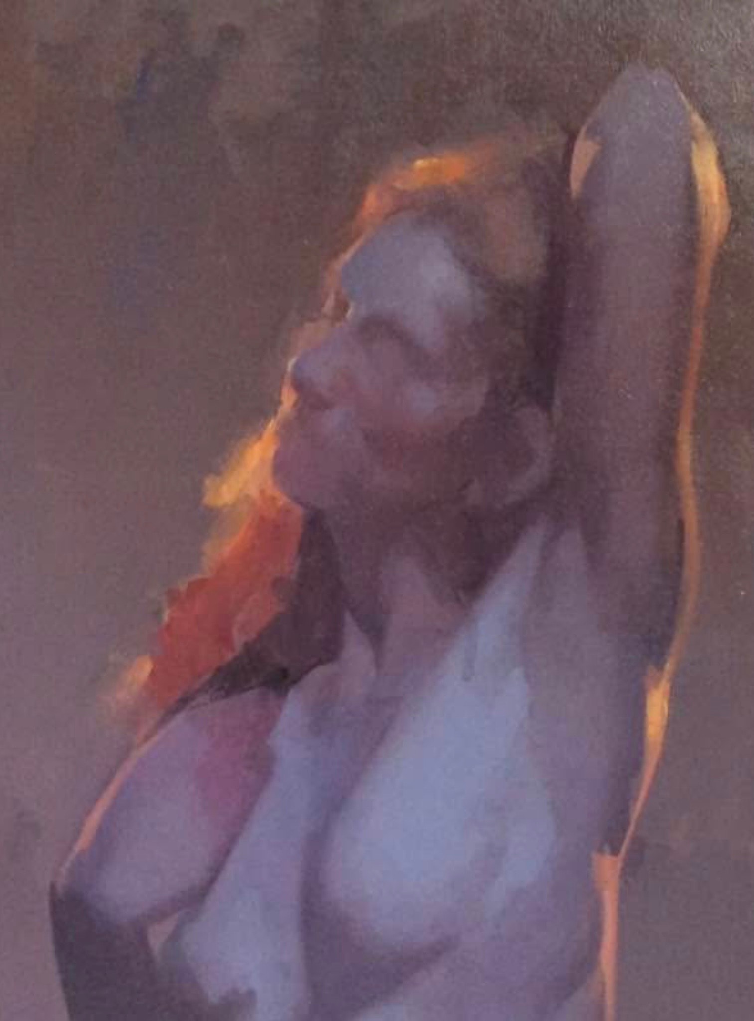 Figure — upward gaze, firelight, oil on canvas