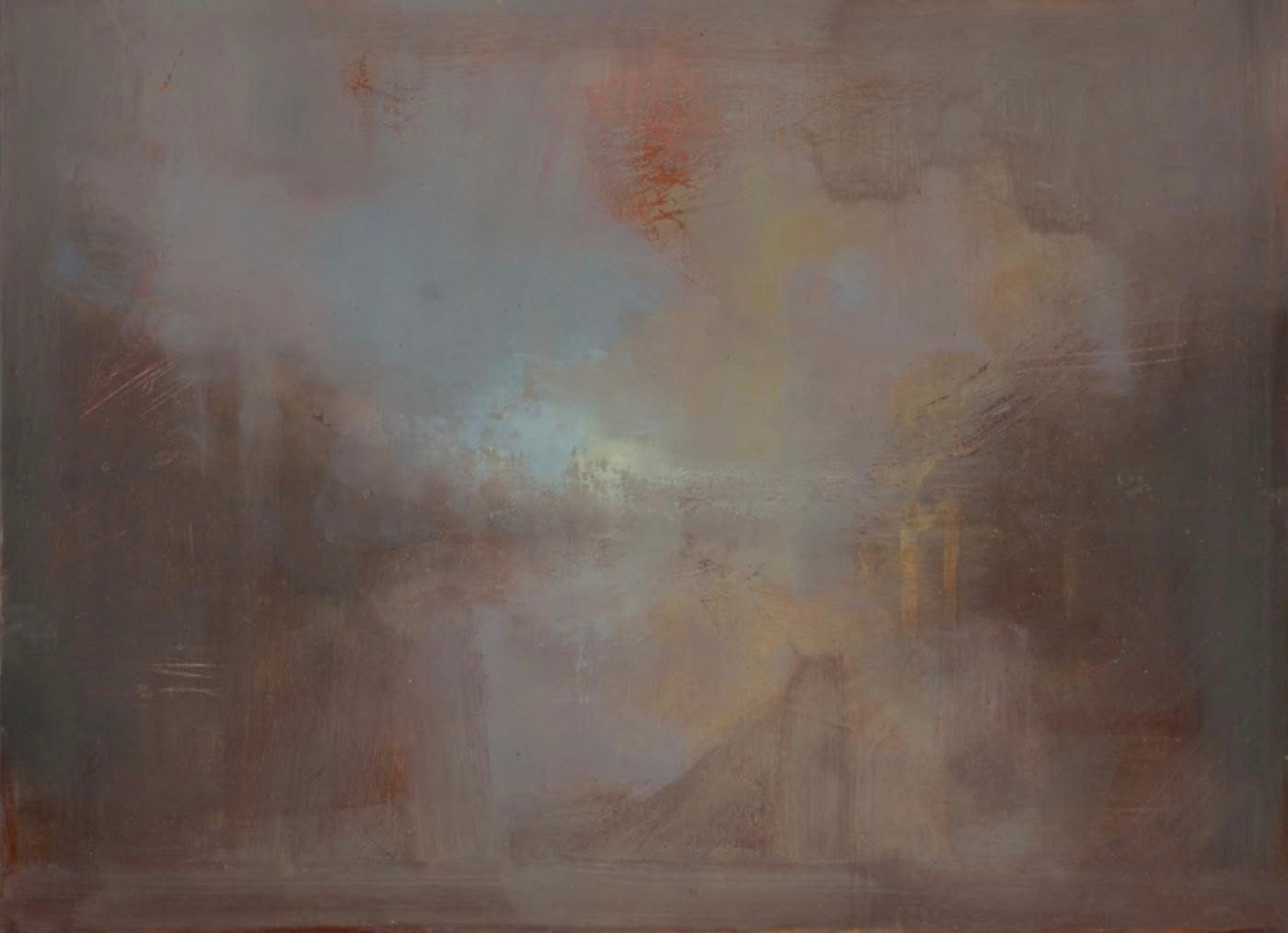 Landscape — warm mist with ghostly figures, oil on canvas