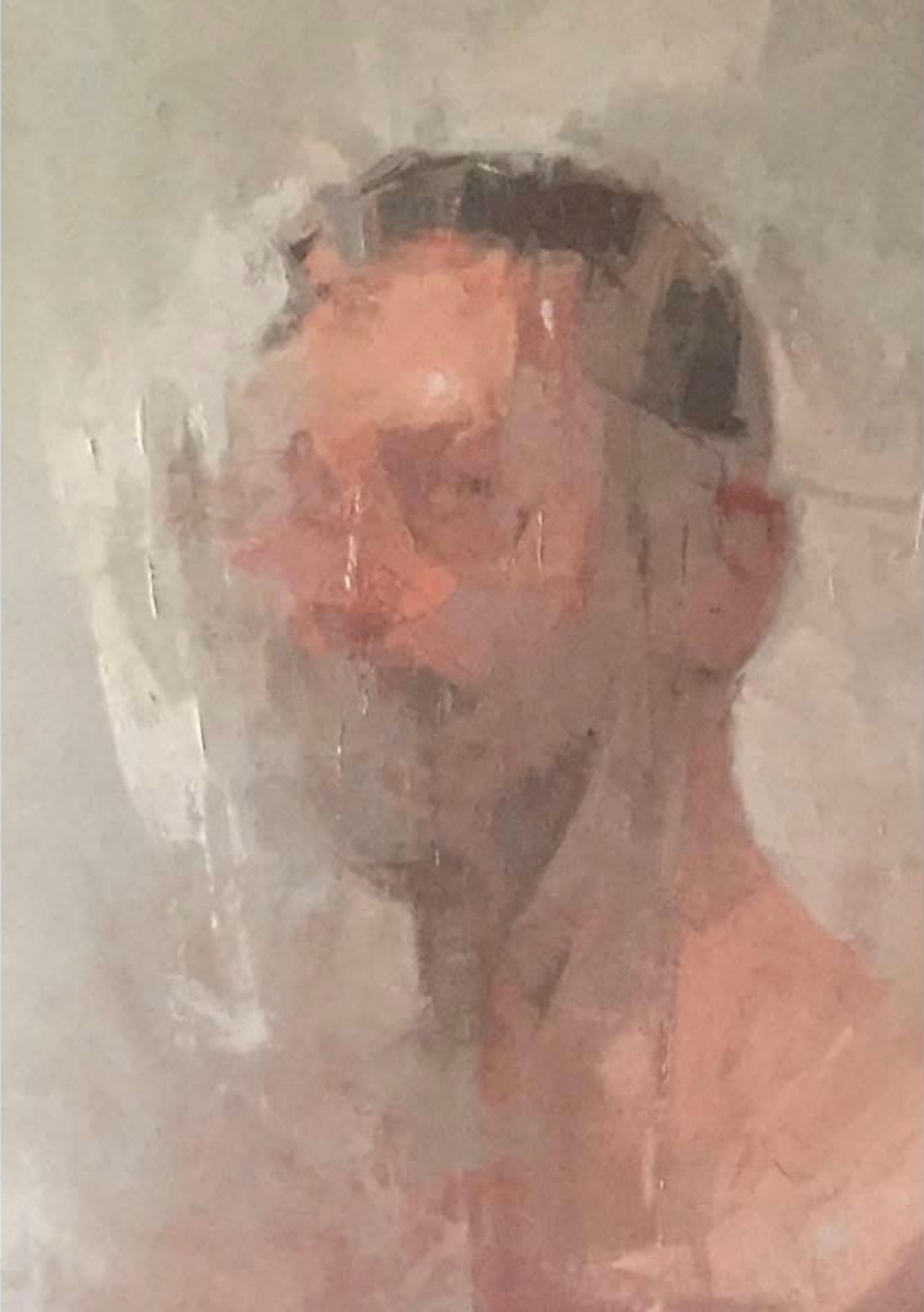 Portrait — dissolved head, pink and grey tones, oil on canvas