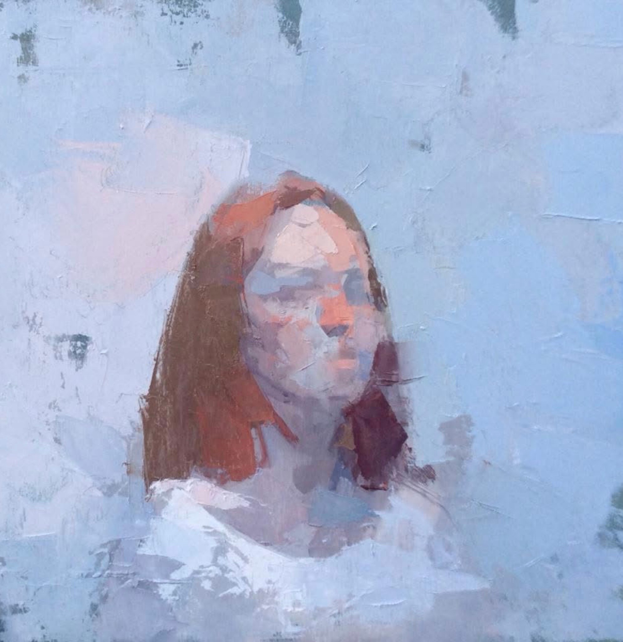 Portrait — redhead, eyes closed, blue ground, oil on canvas