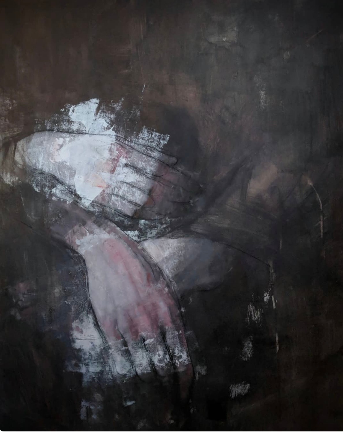 Figure — hands, dark ground, oil on canvas