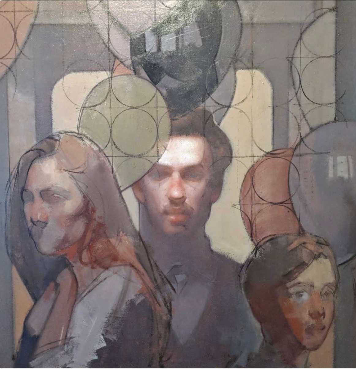 Figures with geometric overlay, oil on canvas