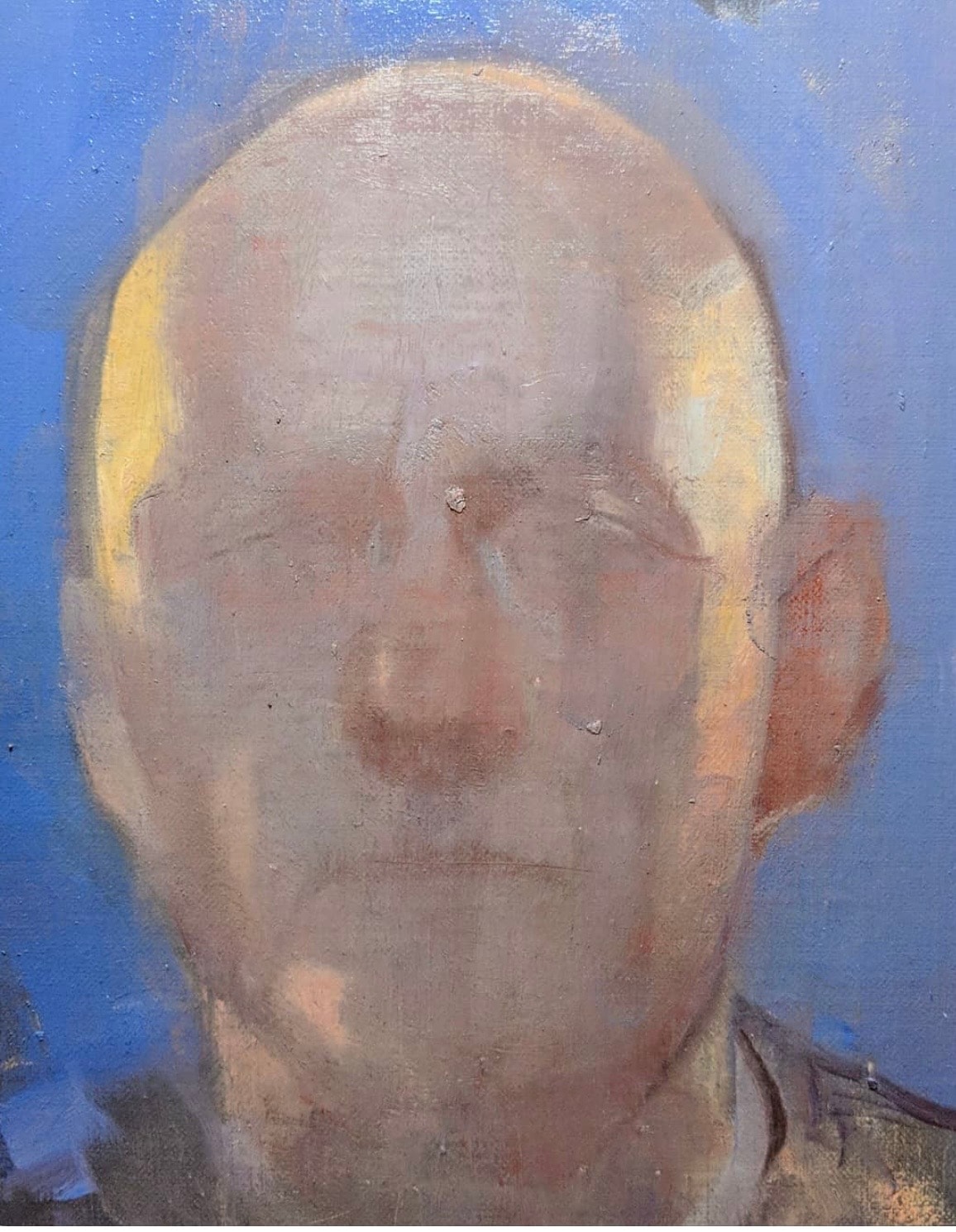 Portrait — bald man, blue ground, oil on canvas