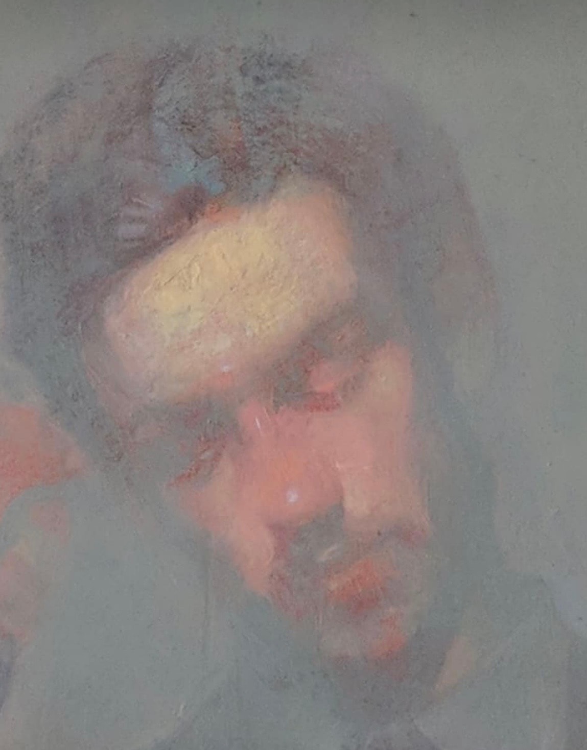 Portrait — bowed head in mist, oil on canvas