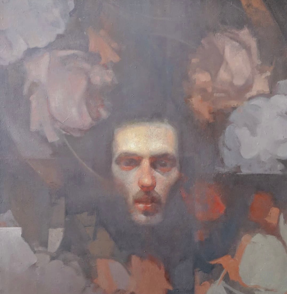 Portrait — face amid floral forms, oil on canvas