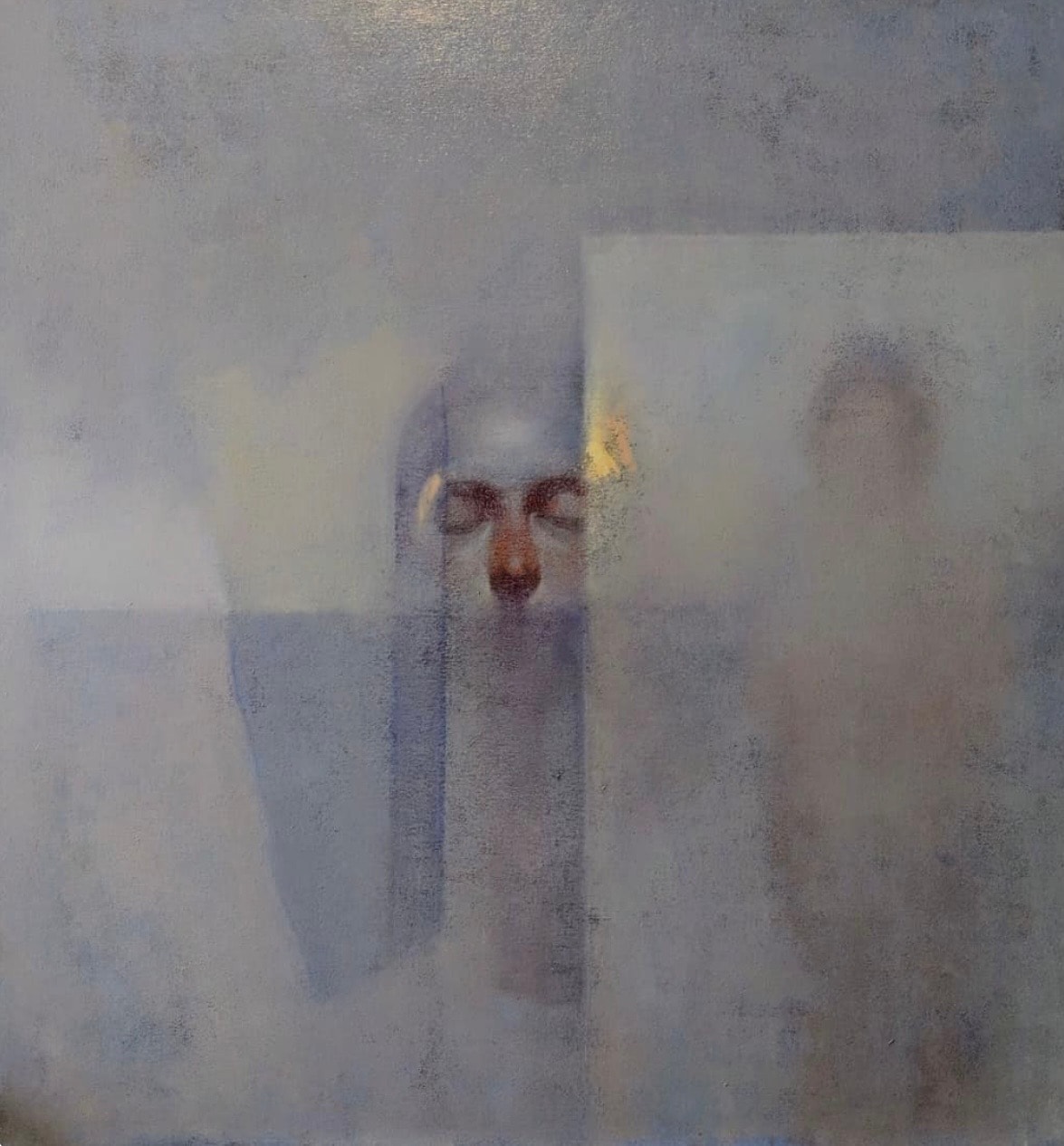 Portrait — face within geometric panels, oil on canvas
