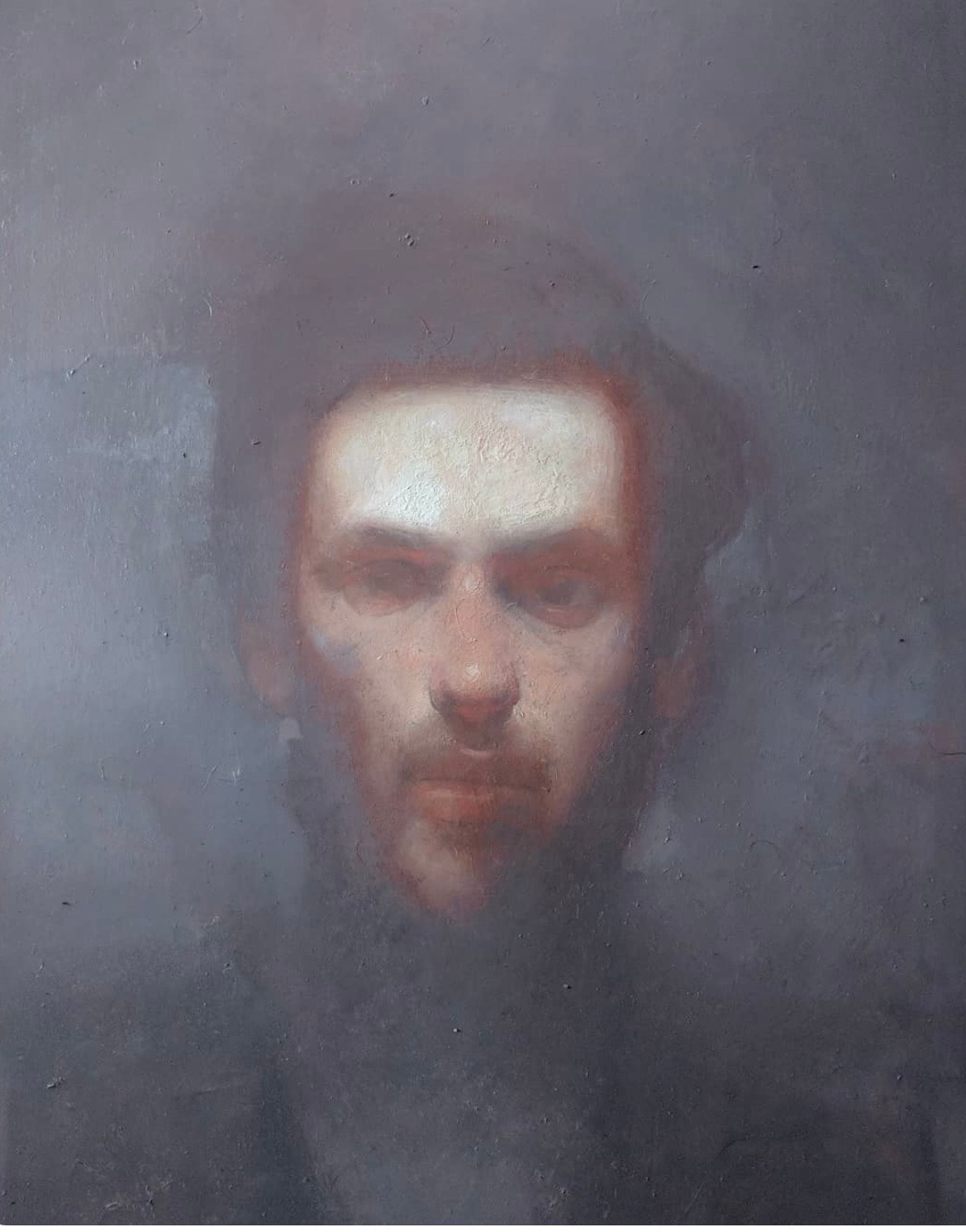 Portrait — downward gaze, grey ground, oil on canvas