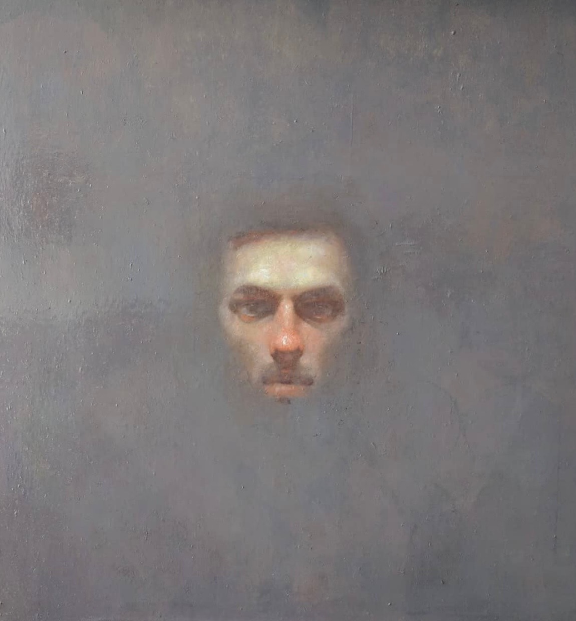 Portrait — face in grey mist, oil on canvas