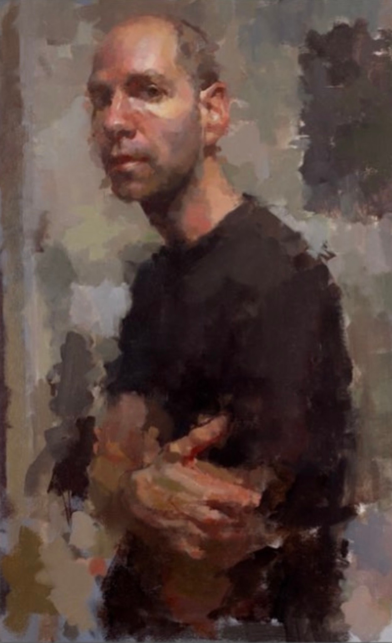 Portrait — man with hands, oil on canvas