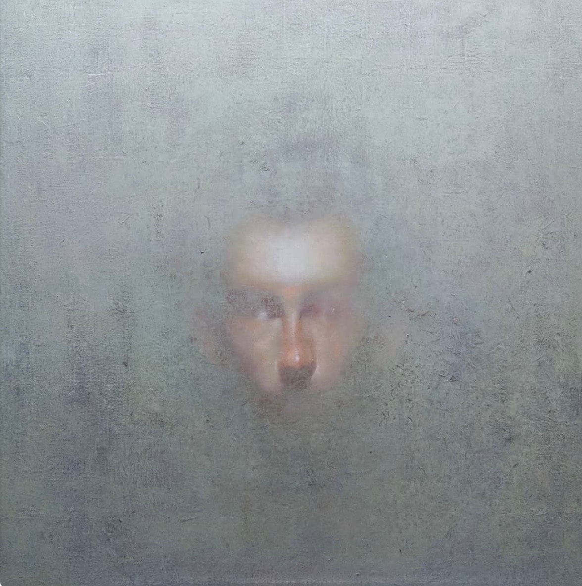 Portrait — face dissolving in silver mist, oil on canvas