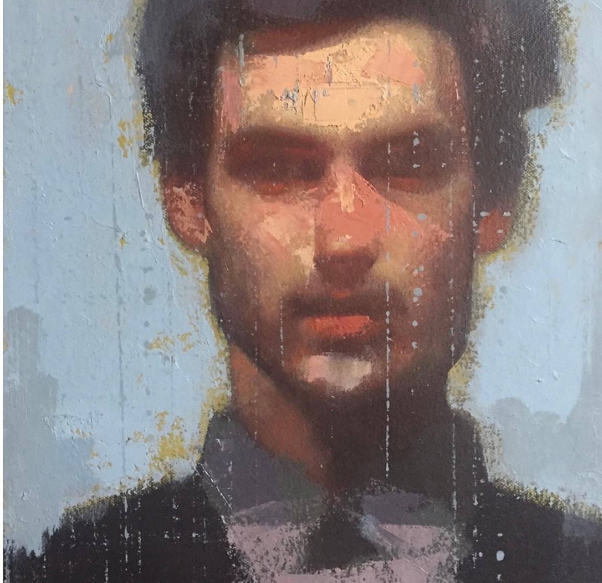 Portrait — young man, blue ground, oil on canvas