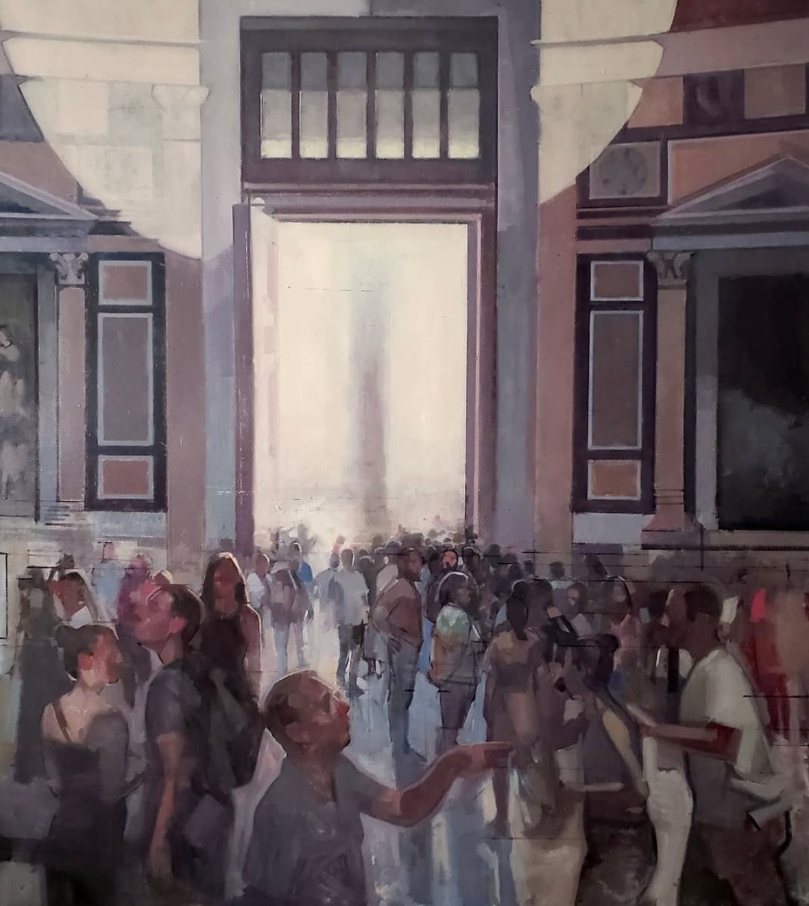 Figures in museum interior, oil on canvas