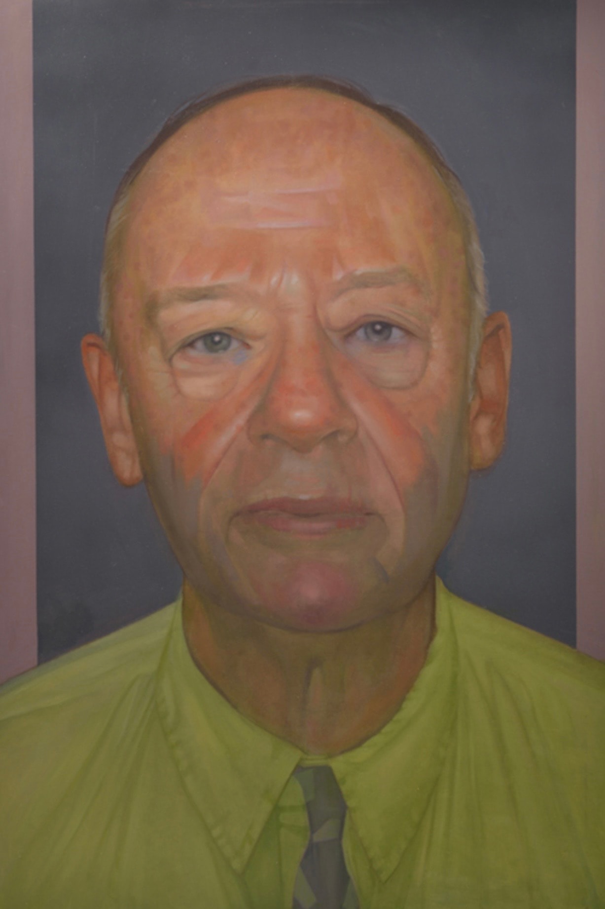 Portrait — bald man, green shirt, oil on canvas