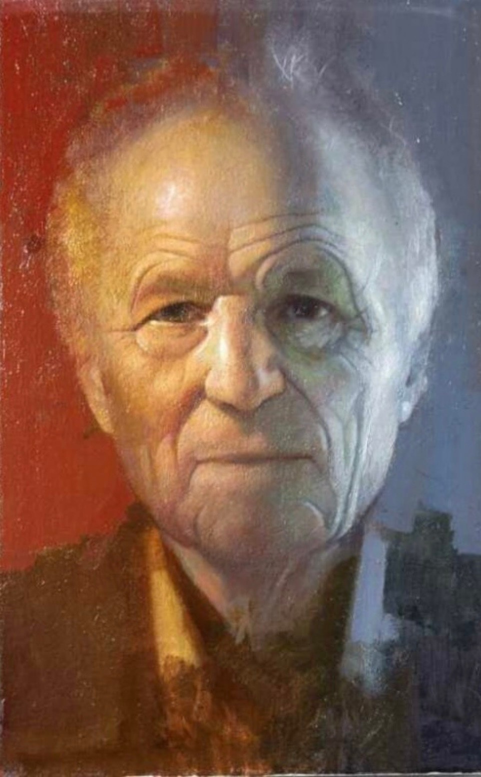 Elder portrait with split warm and cool light, oil on canvas