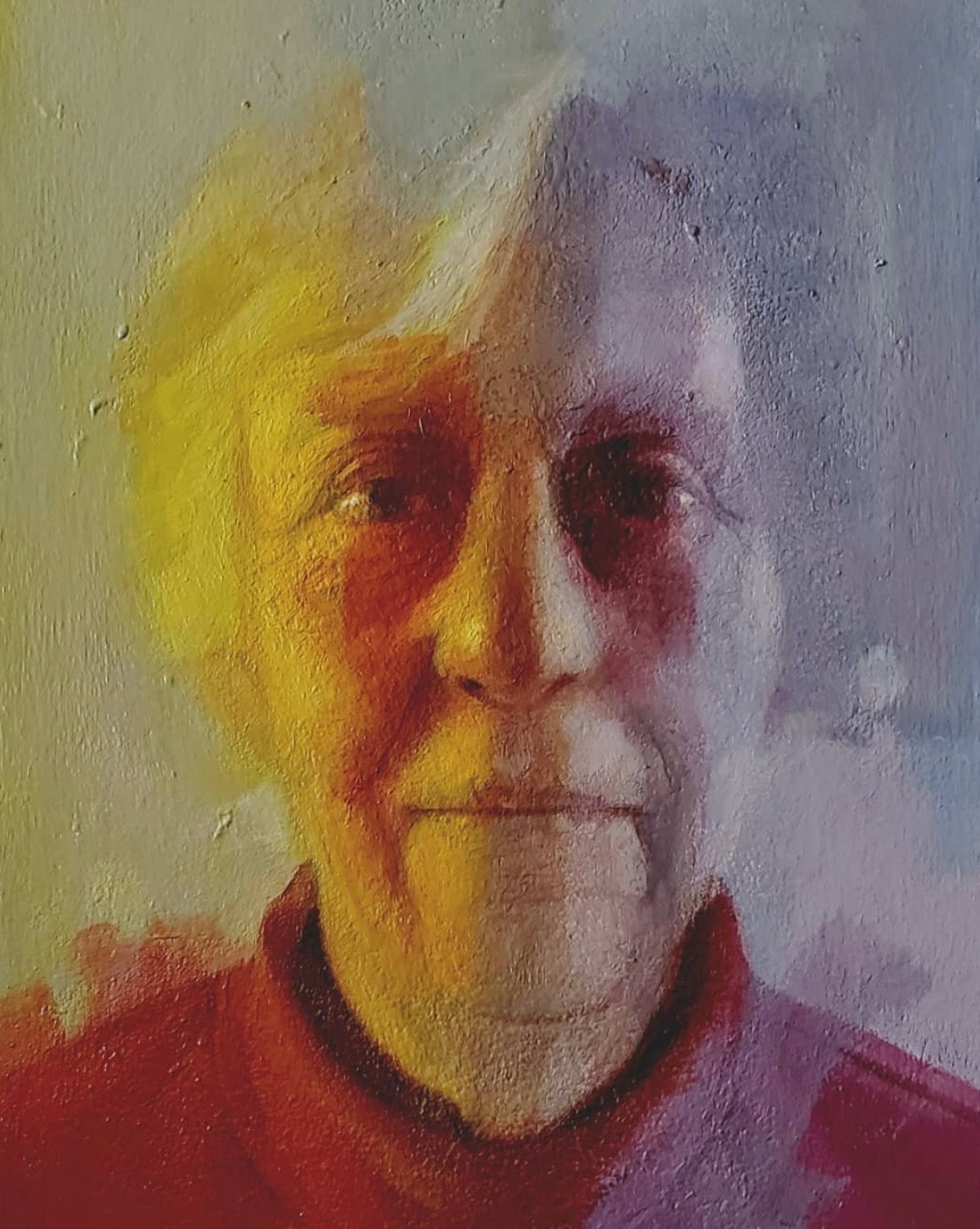 Portrait — elder man, split warm and cool light, oil on canvas