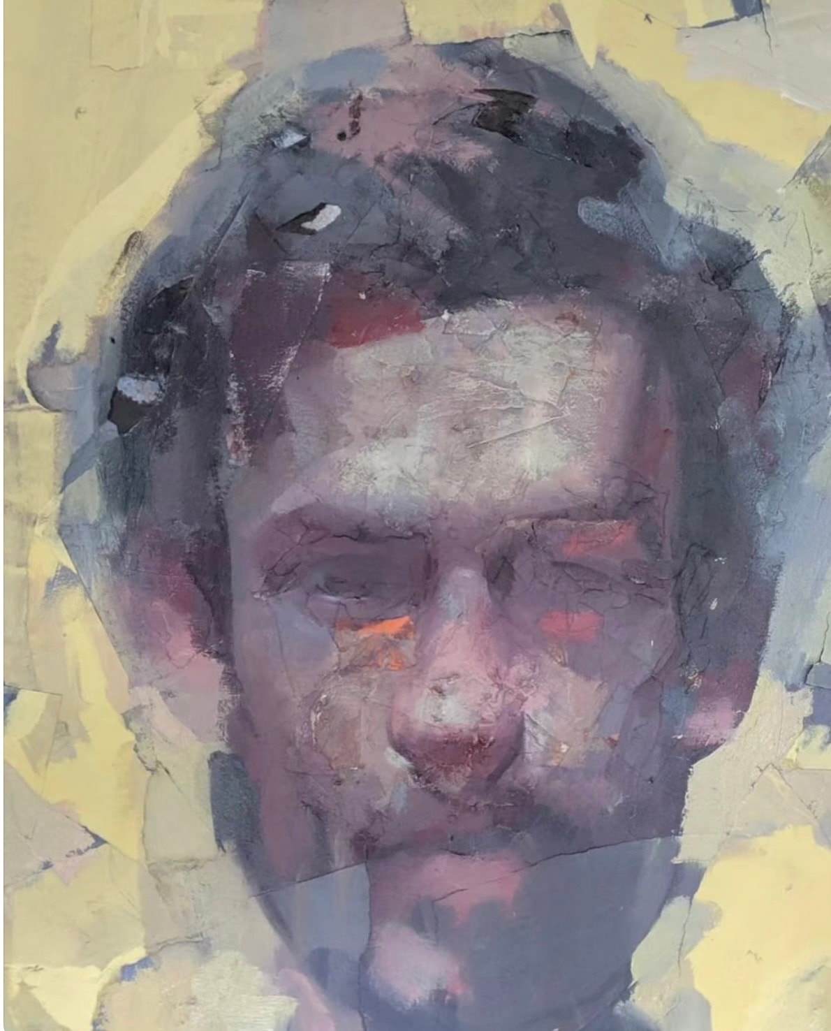 Portrait — abstract head, yellow ground, oil on canvas