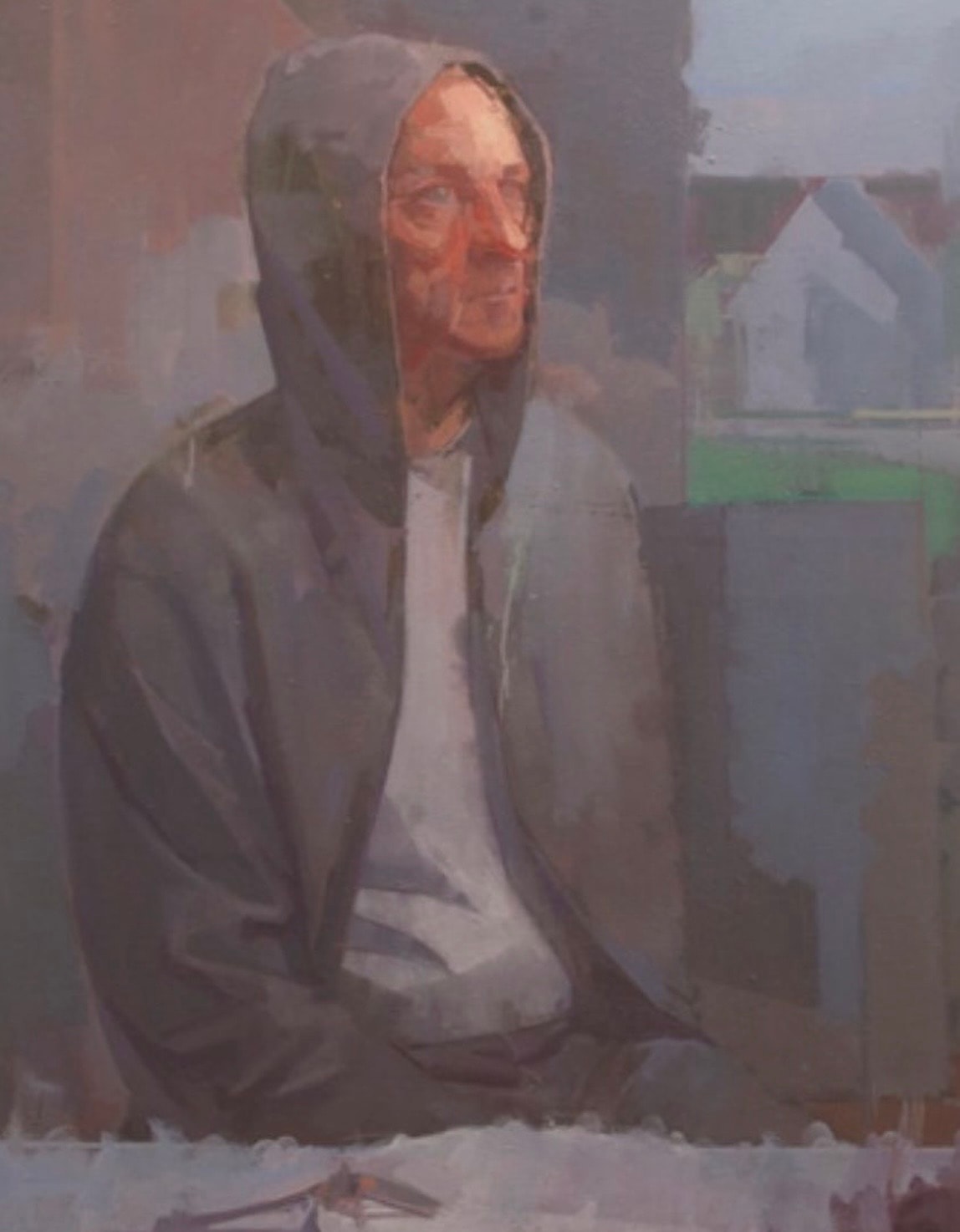 Hooded figure portrait, oil on canvas