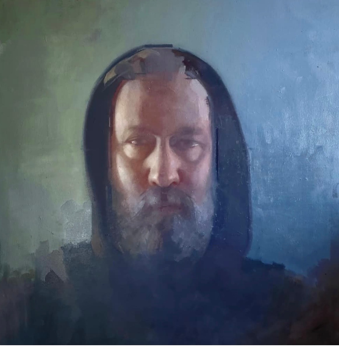 Portrait — hooded figure, blue-green ground, oil on canvas