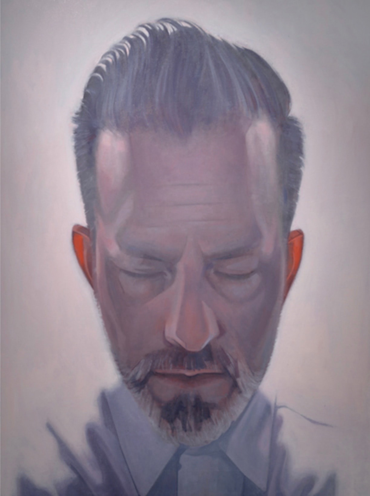 Portrait — man, downward gaze, mist, oil on canvas