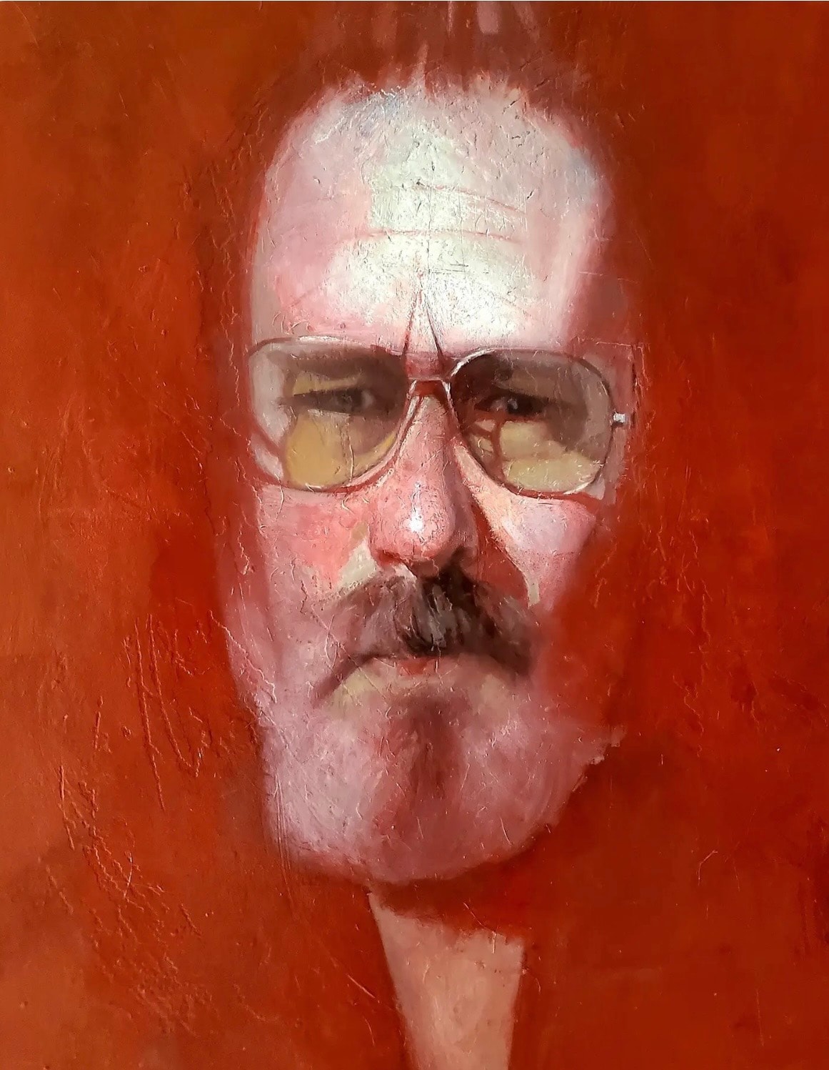 Portrait — man with glasses, red ground, oil on canvas
