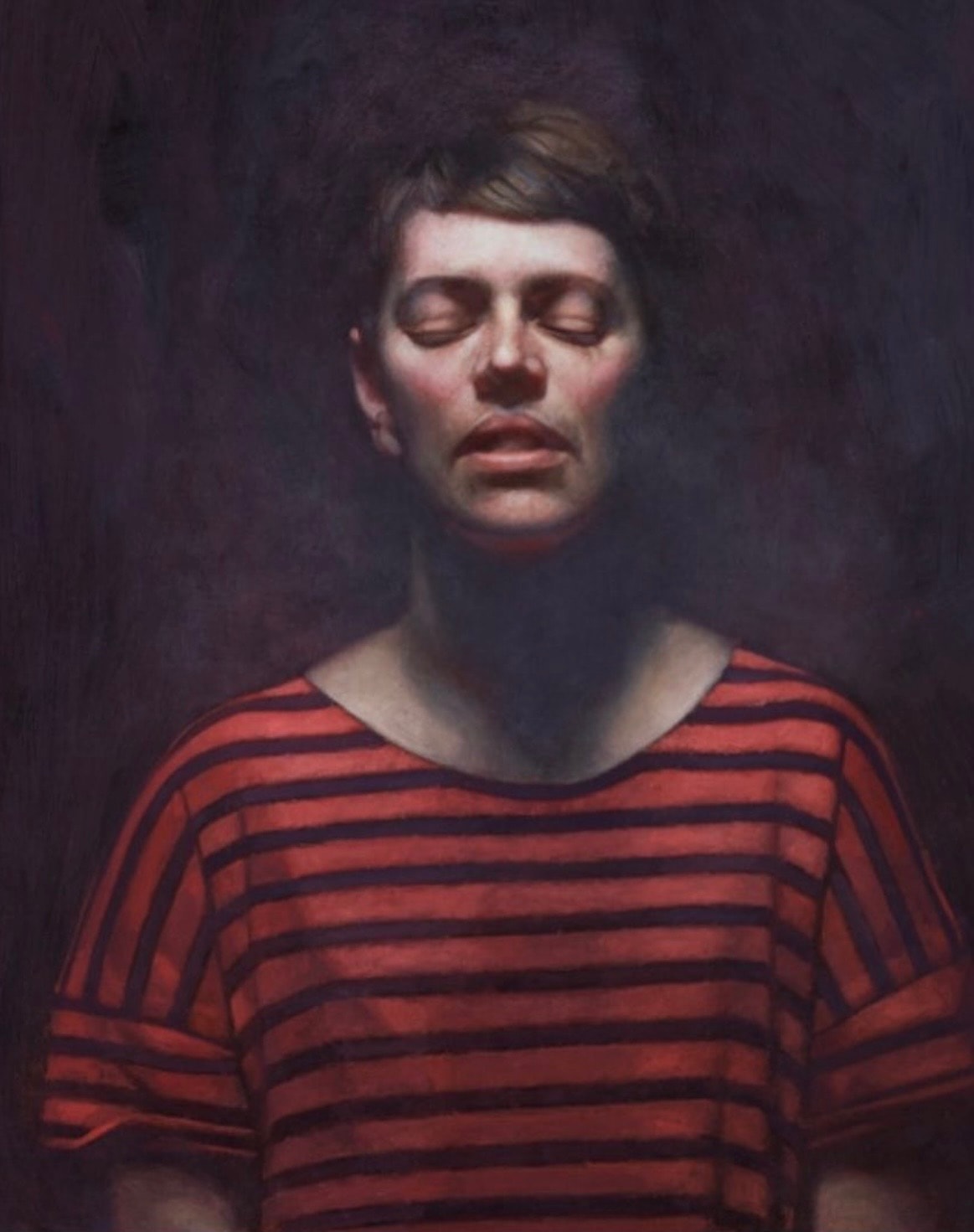 Portrait — figure in striped shirt, eyes closed, oil on canvas